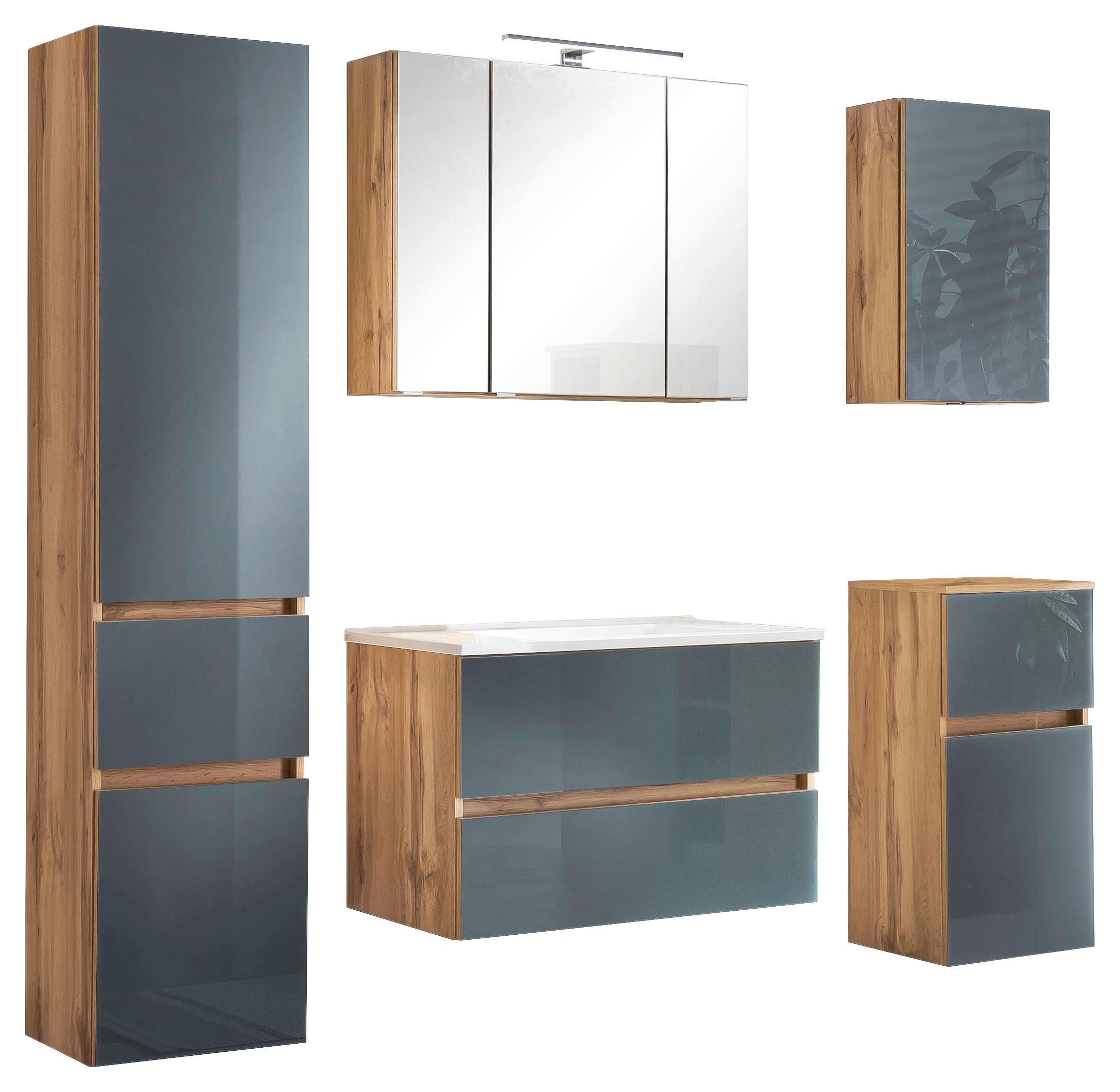 Badmöbel-Set 6-Tlg. inkl. LED Helsinki, Weiß/Eiche - Eichefarben/Grau, KONVENTIONELL, Glas/Holzwerkstoff (160cm) - Held