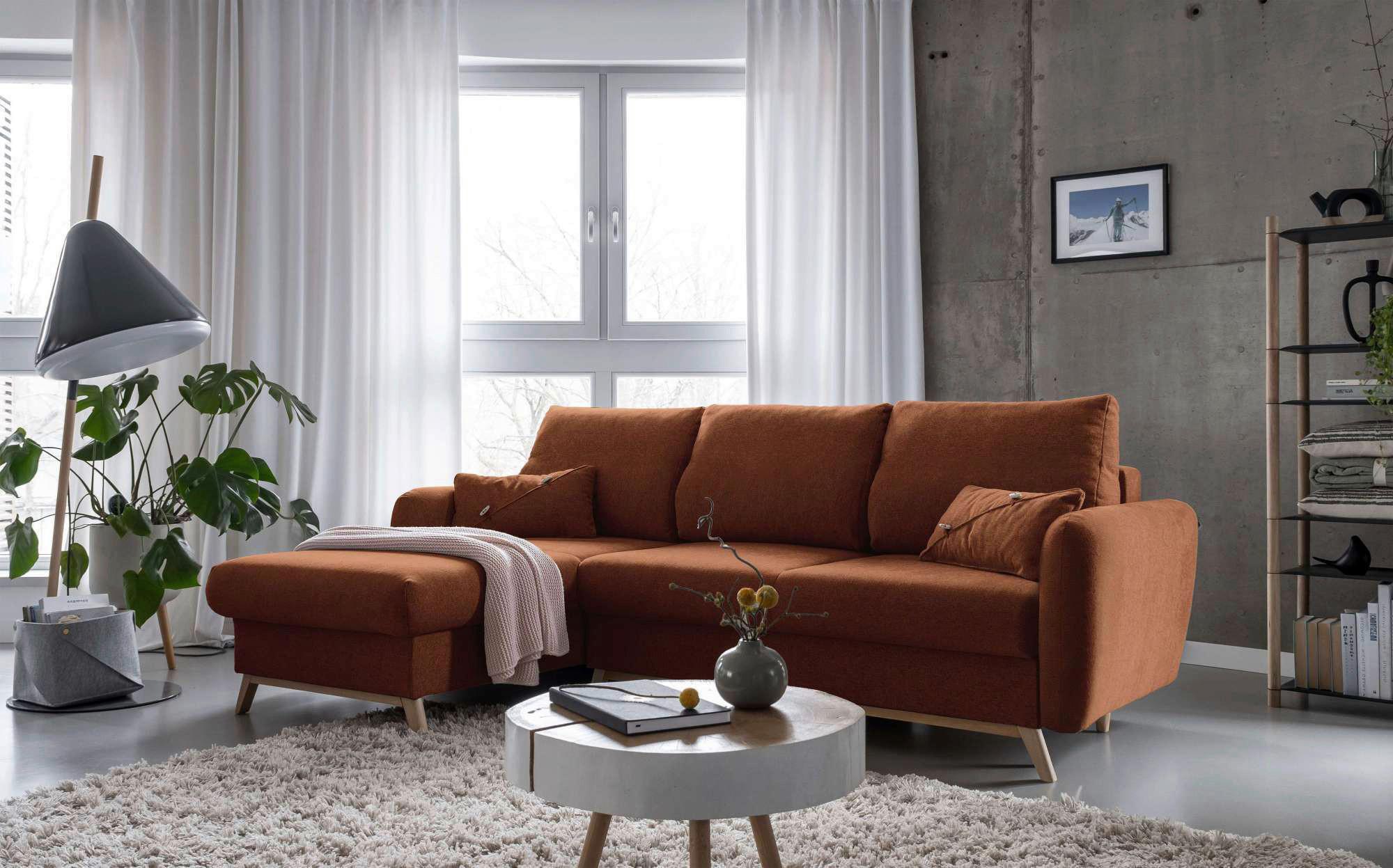 Sedačka LUCILE S, levá, cihlová, úl.prostor a lůžko - terracotta/přírodní barvy, dřevo/textil (157/235cm) - MID.YOU