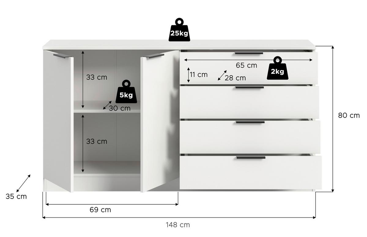 Tálalószekrény Kopenhagen - fehér, Design, faalapú anyag (148/80/35cm) - Livetastic