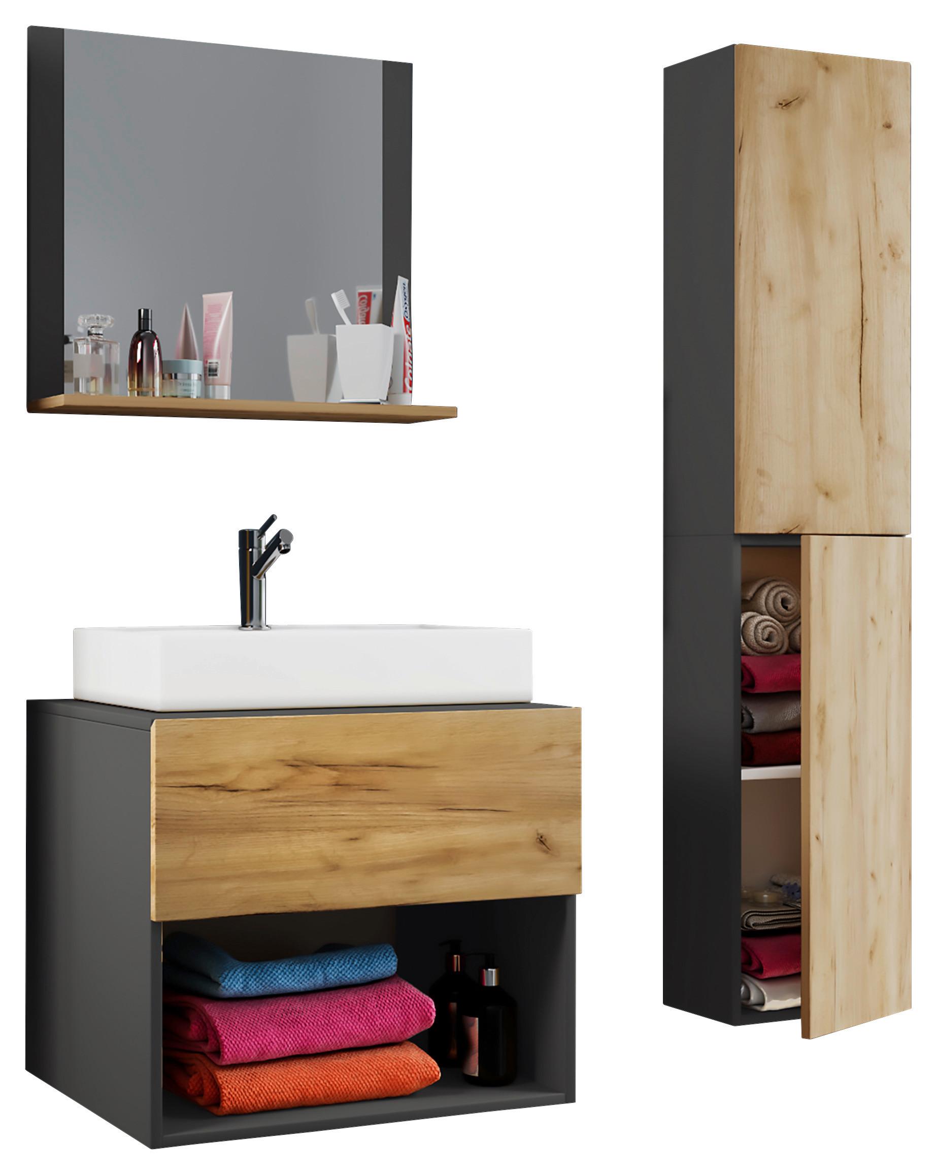 Badmöbel-Set 4-Tlg. Lendas B: 60 cm Anthrazit/Eiche Dekor - Honigeiche/Anthrazit, MODERN, Keramik/Holzwerkstoff (94cm) - MID.YOU