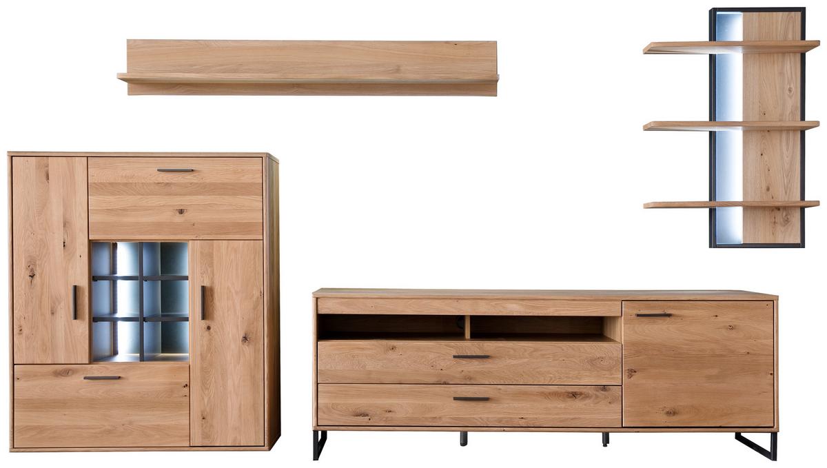 Wohnkombination Teilmassiv 4--Teilig. Portland Eichefarben - Eichefarben/Schwarz, Design, Holz/Holzwerkstoff (338/204/50cm) - Livetastic