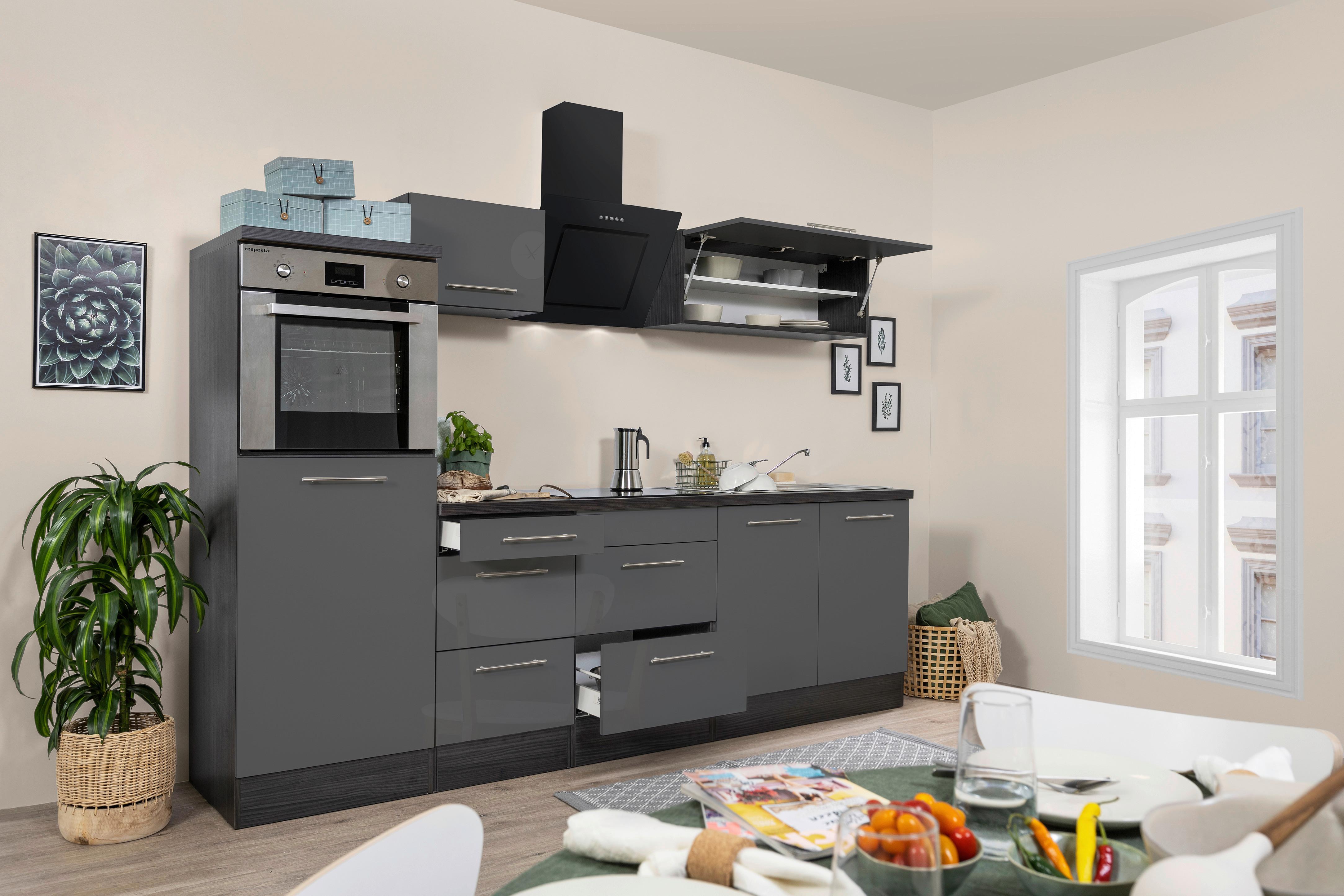 Küchenzeile mit Geräten 270 cm Grau - Eichefarben/Grau, Basics, Holzwerkstoff (270cm) - Respekta