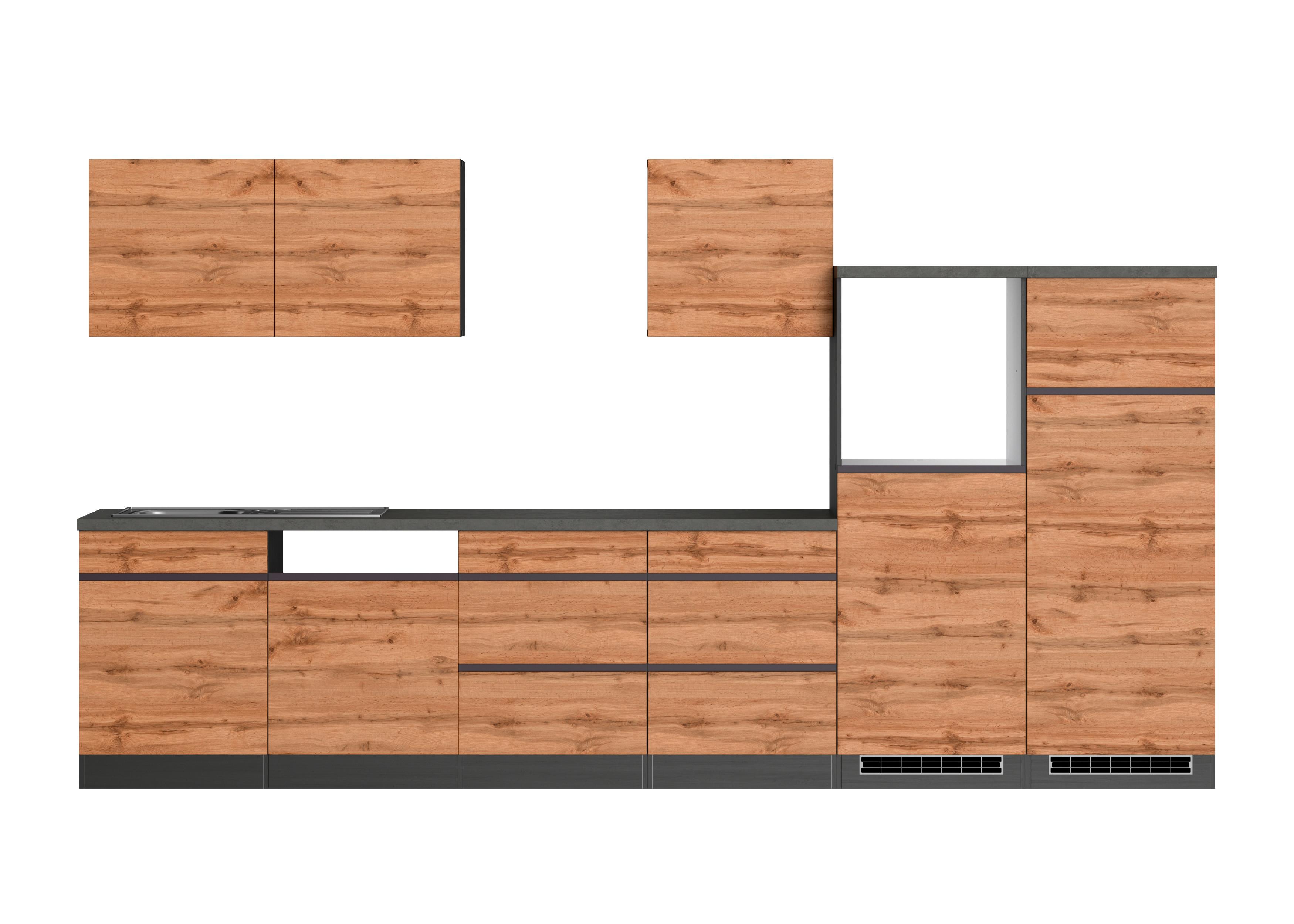 Küchenzeile Turin ohne Geräte B: 360 cm Graphit/Eiche Dekor - Eiche Wotan/Graphitfarben, Design, Holzwerkstoff (360cm) - Held