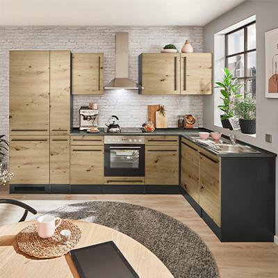 Eckküche Jazz 8 mit Geräte 310x175 Anthrazit/Eiche Dekor