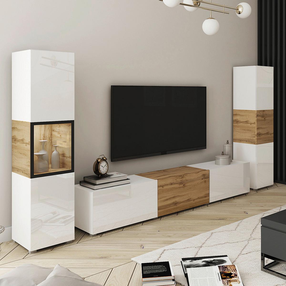 Wohnwand Berlin IIi Eiche Wotan/Weiß B: 240 cm - Eiche Wotan/Weiß, Design, Glas/Holzwerkstoff (240/130/31cm) - P & B