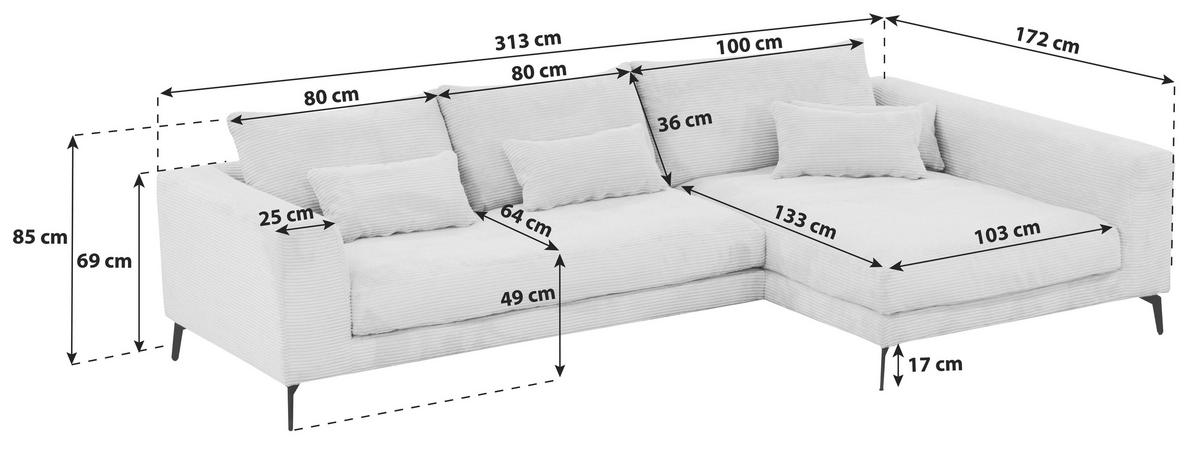 Ecksofa Berlin Hellgrau Cord 313x172 cm - Hellgrau/Schwarz, Design, Textil (313/172cm) - Livetastic
