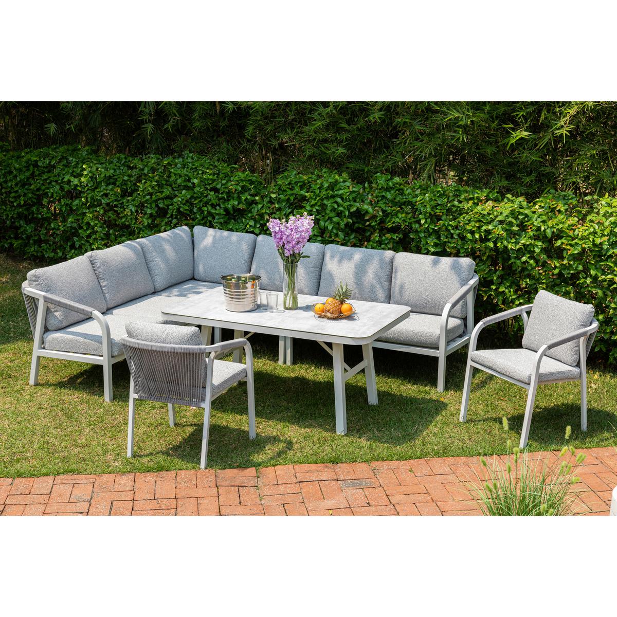 DINING-LOUNGESET HARVEY XL - Weiß/Grau, MODERN, Glas/Textil - Gardenson