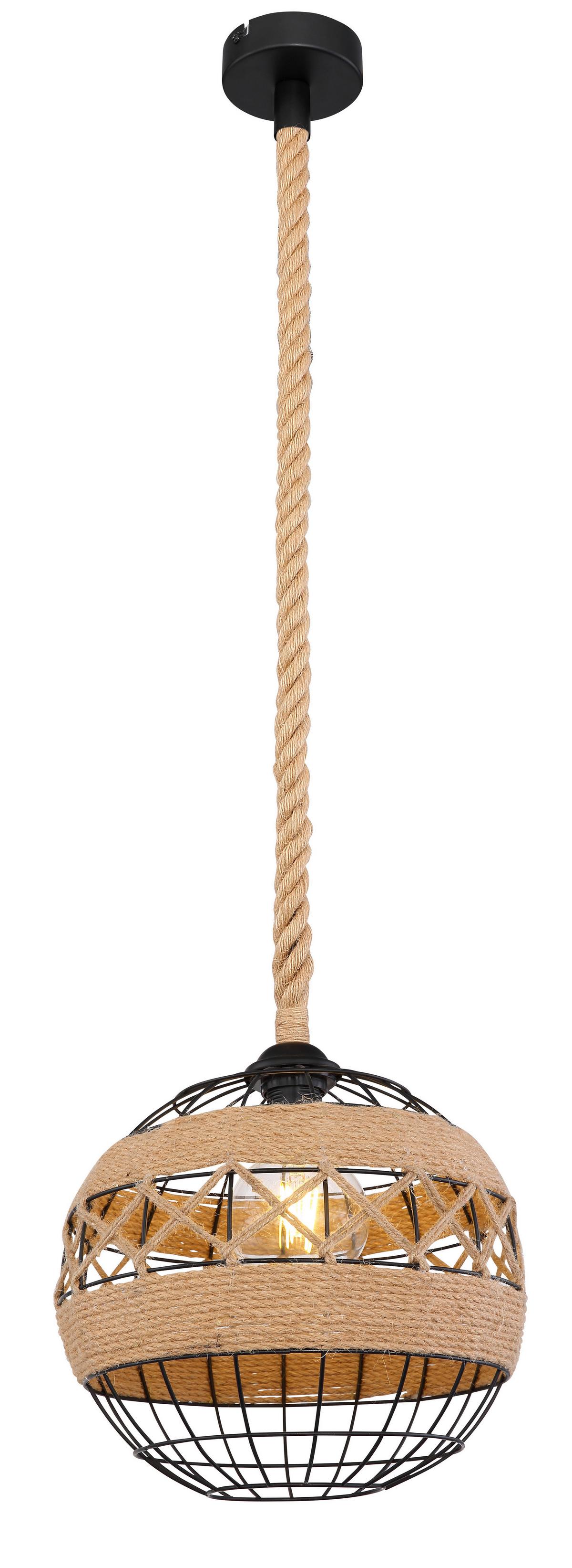 Hängeleuchte H: 120 cm 1-Flammig, Industrial Style - Schwarz/Braun, Natur, Naturmaterialien/Metall (30/120cm) - Globo