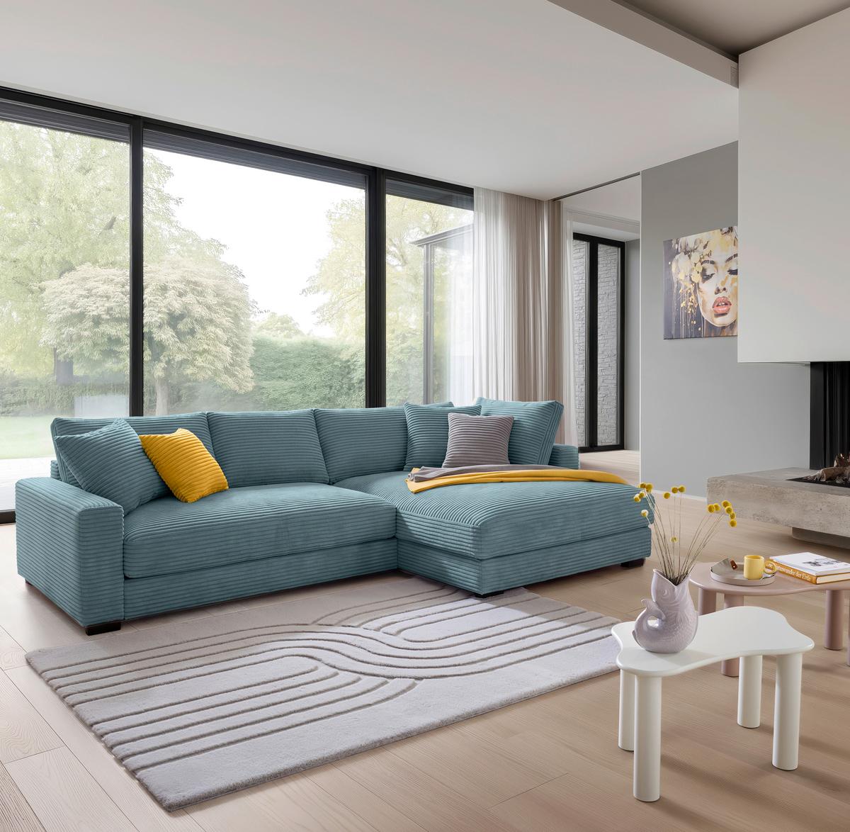 Rohová sedačka PEDRO, pravá, petrolejový manšestr - petrolej/černá, Moderní, textil/plast (300/190cm) - Mömax