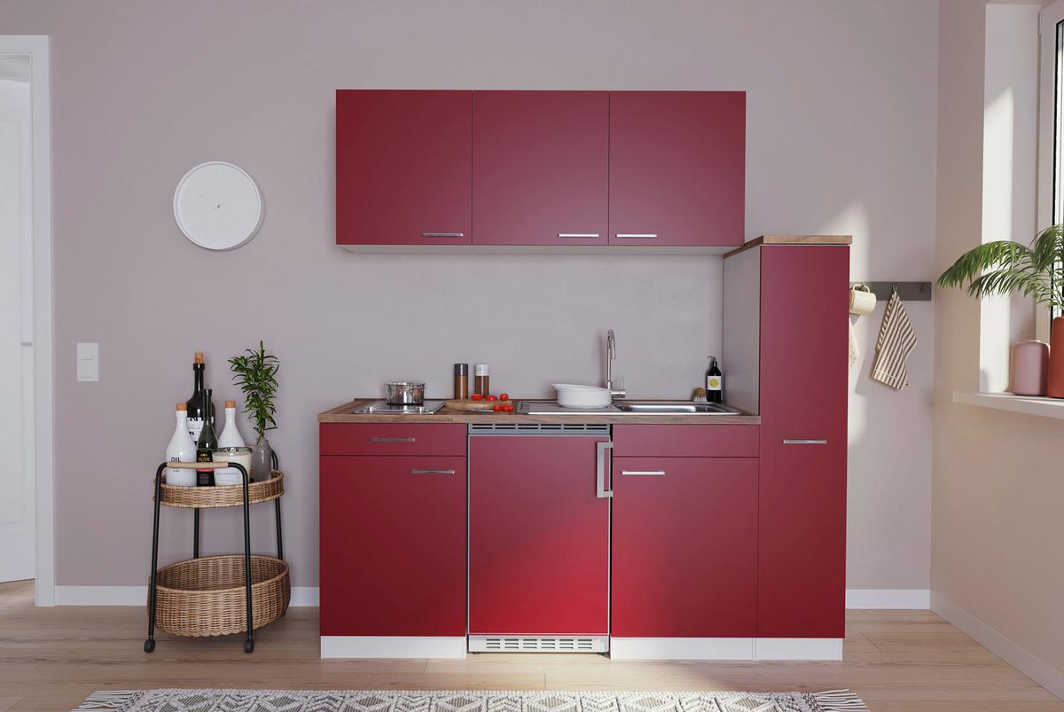 Küchenzeile Economy M. Geräten 180 Cm Rot/nussbaum Dekor - Rot/Nussbaumfarben, Basics, Holzwerkstoff (180cm) - Respekta