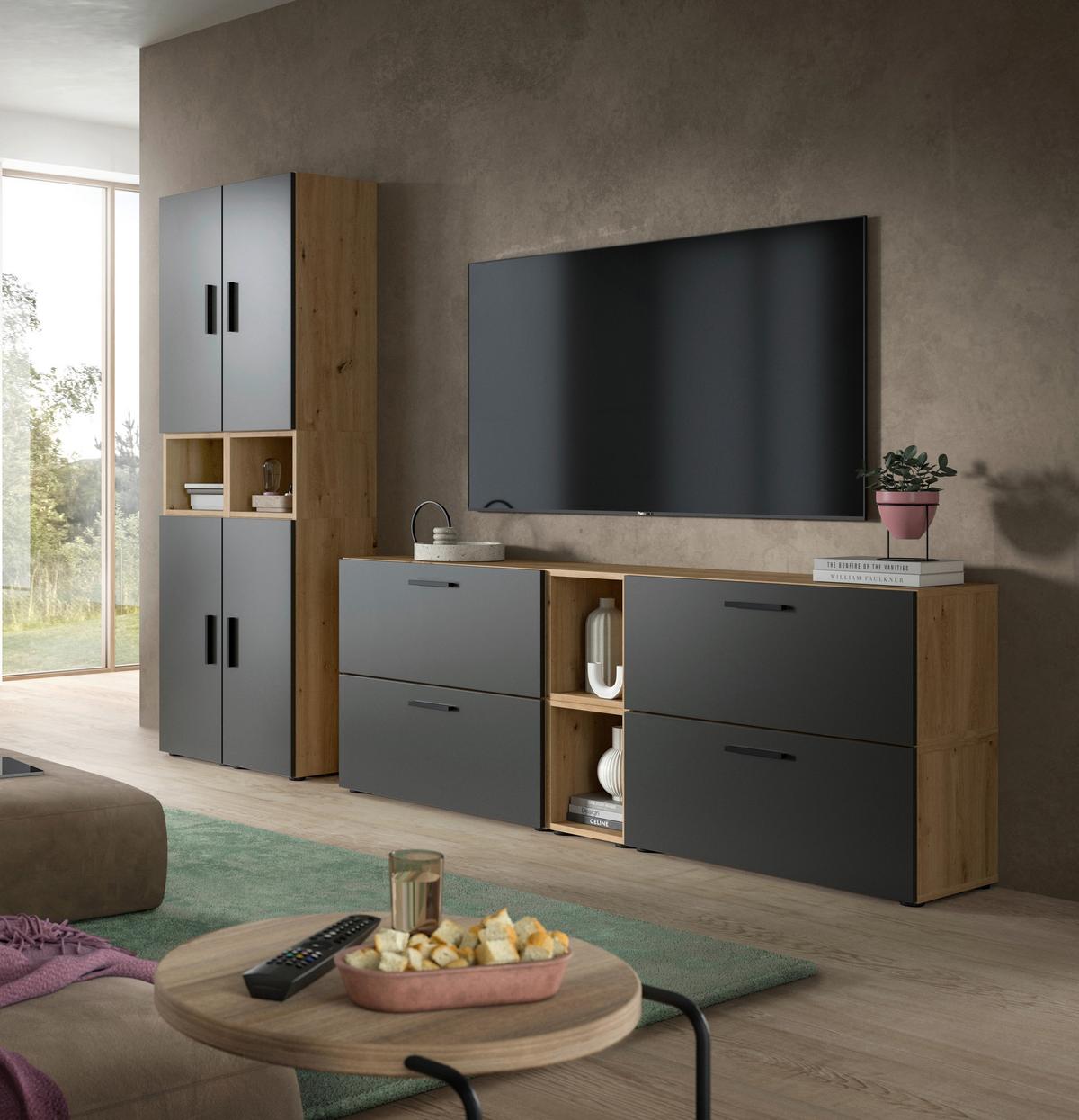 Wohnwand, The One 3, B: 260 cm Grau/Artisan Eiche Dekor - Schwarz/Eiche Artisan, Trend, Holzwerkstoff (260/182/34cm)