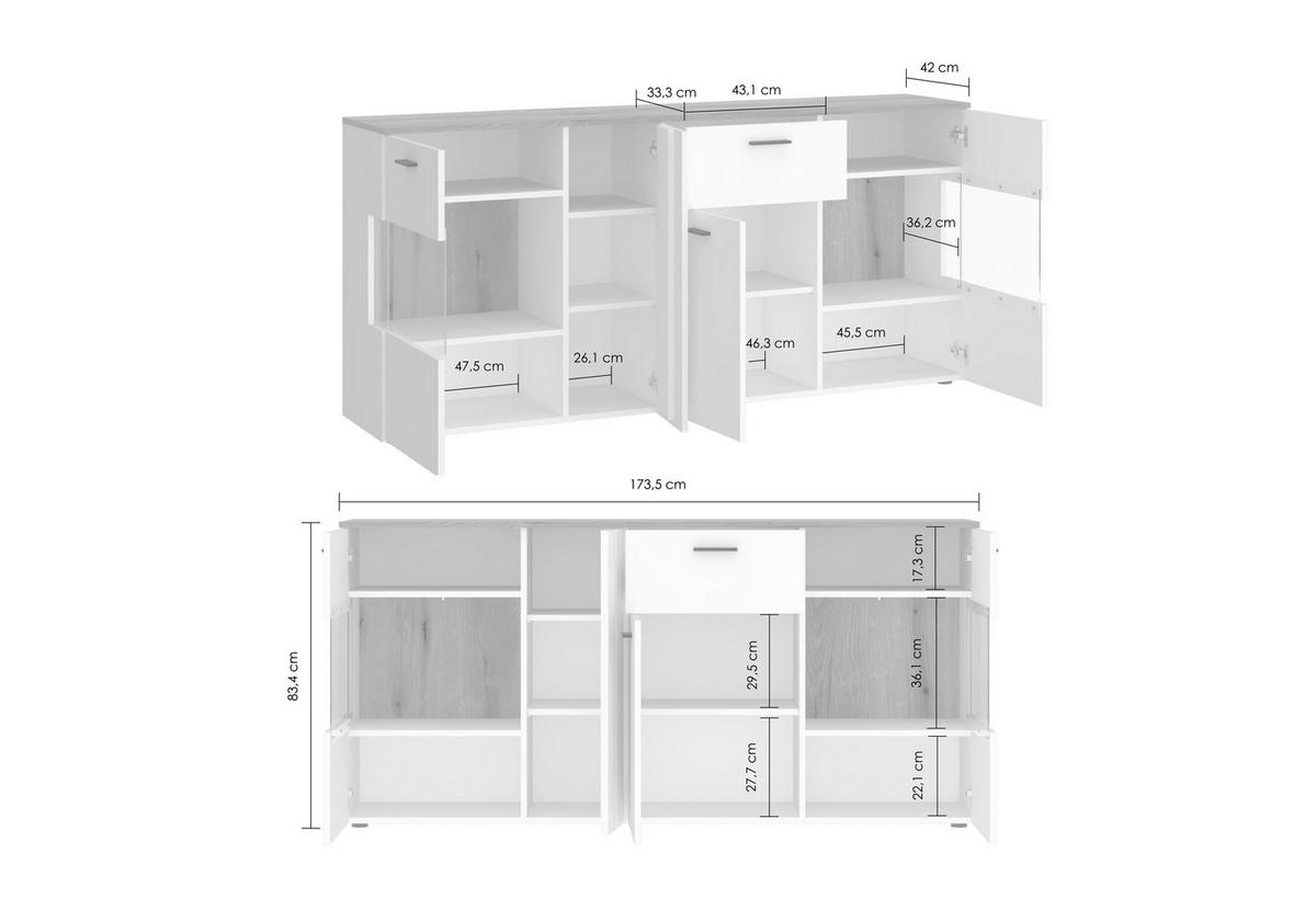 Sideboard Dalano Weiß/eichefarben B: 173,5 Cm - Eichefarben/Schwarz, Trend, Glas/Holzwerkstoff (173,5/83,4/42cm) - MID.YOU
