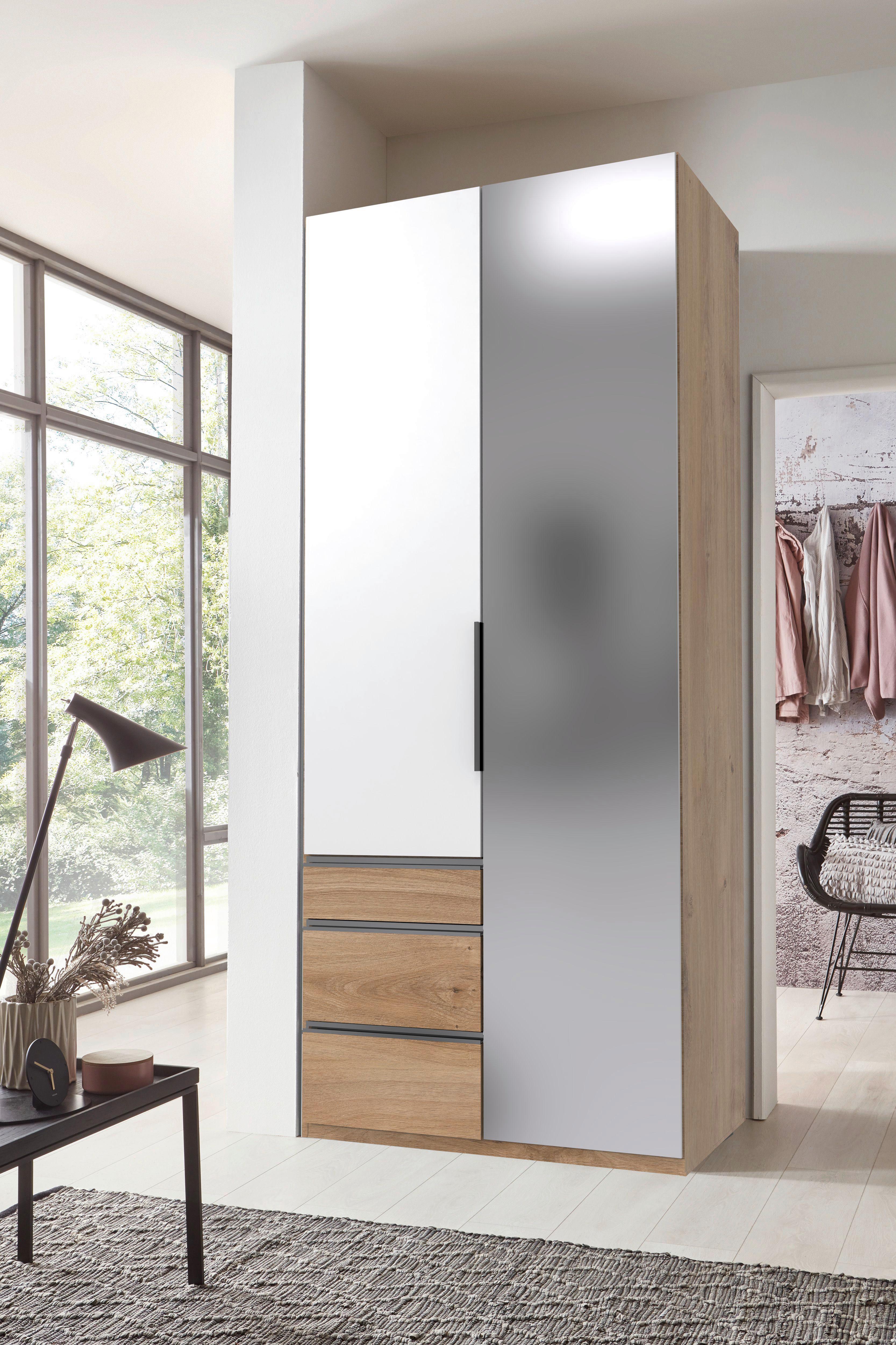 Drehtürenschrank Level 36 A Weiß/Eiche Dek/Spiegel,b:100cm - Plankeneiche/Eichefarben, KONVENTIONELL, Glas/Holzwerkstoff (100/216/58cm) - MID.YOU