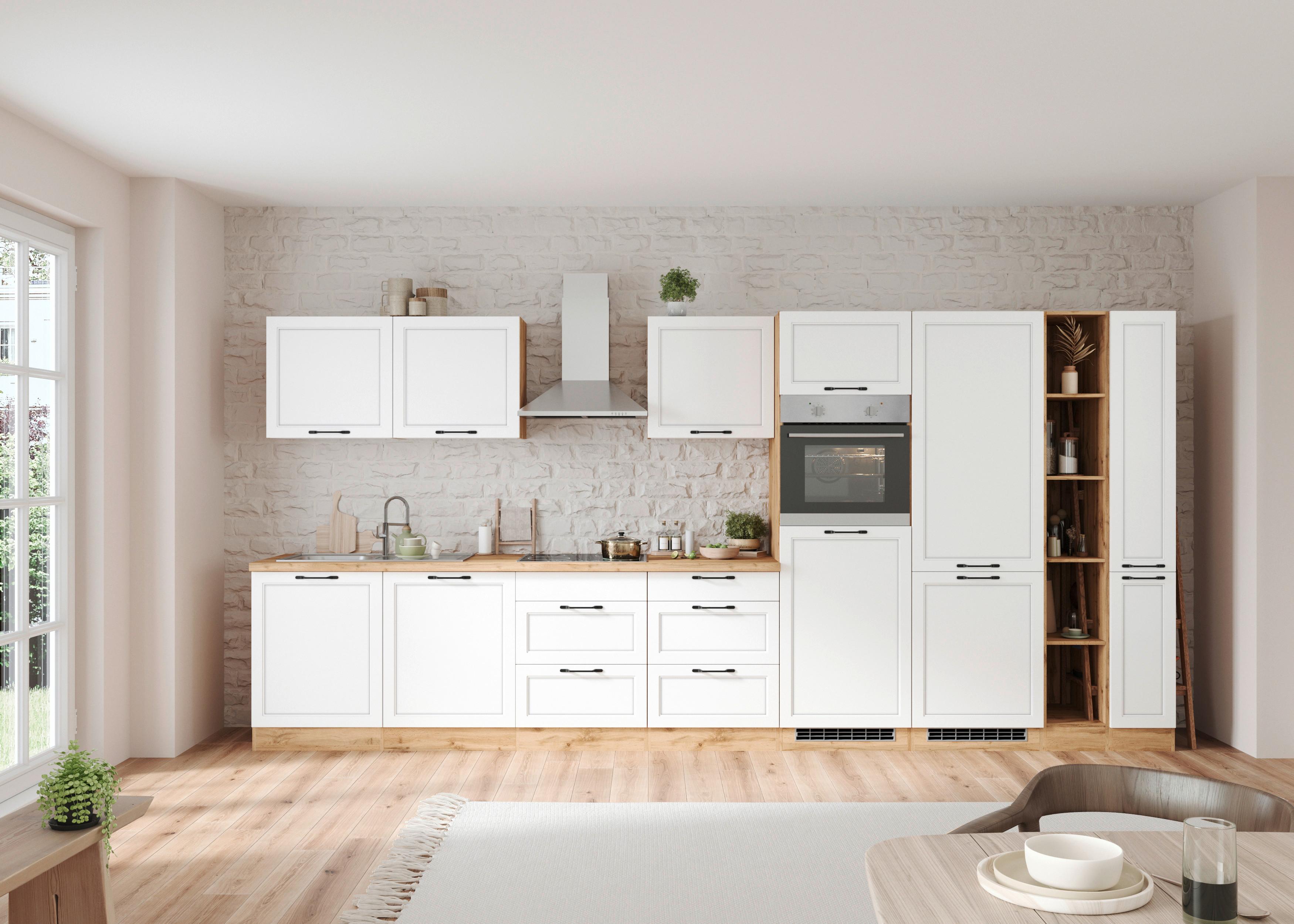 Küchenzeile Meran mit Geräten B: 420 cm Weiß/Eiche Dekor - Eiche Wotan/Weiß, LIFESTYLE, Holzwerkstoff (420cm) - Held