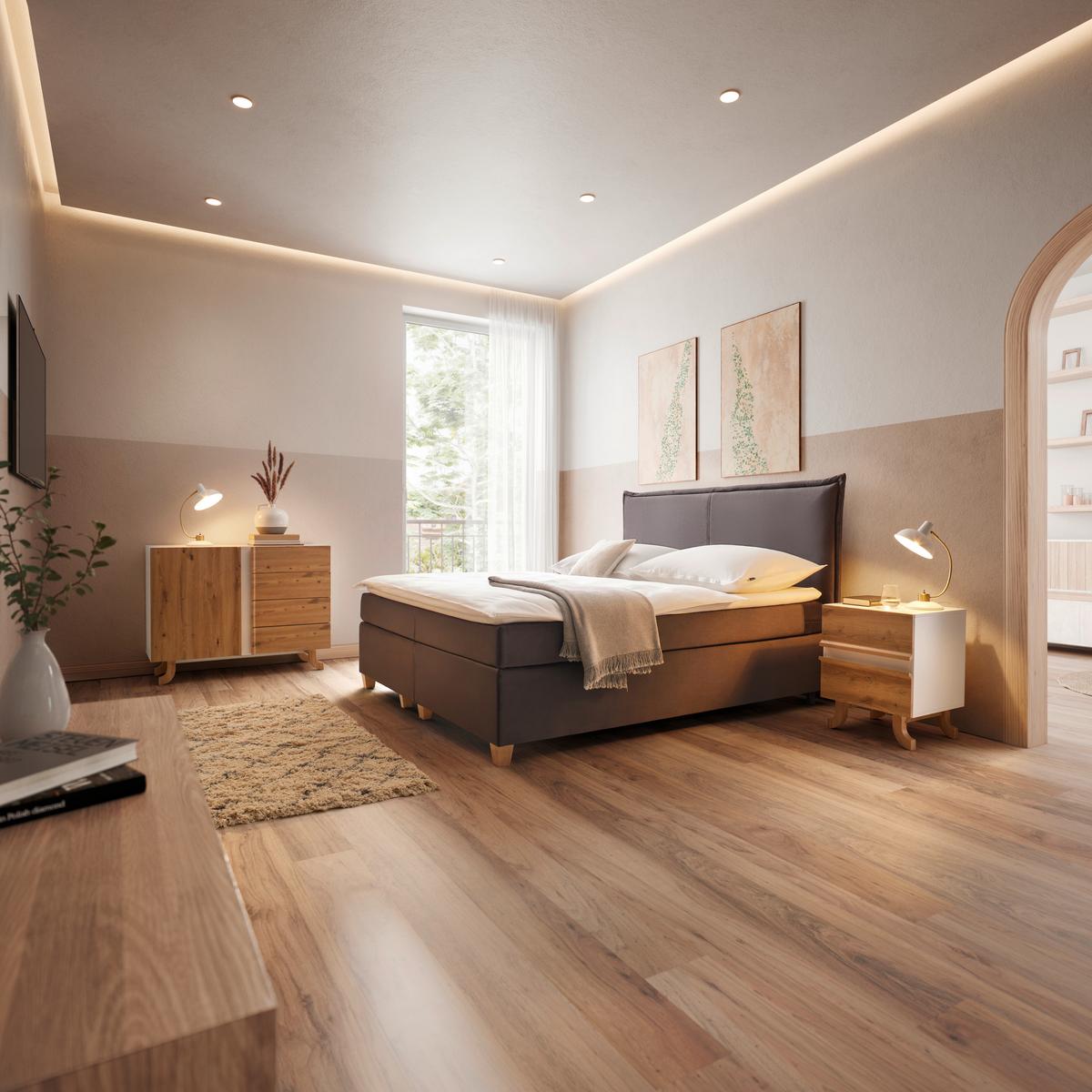 Manželská boxspring postel RINA, 180x200, šedá - šedá/přírodní barvy, Moderní, dřevo/textil (180/200cm)