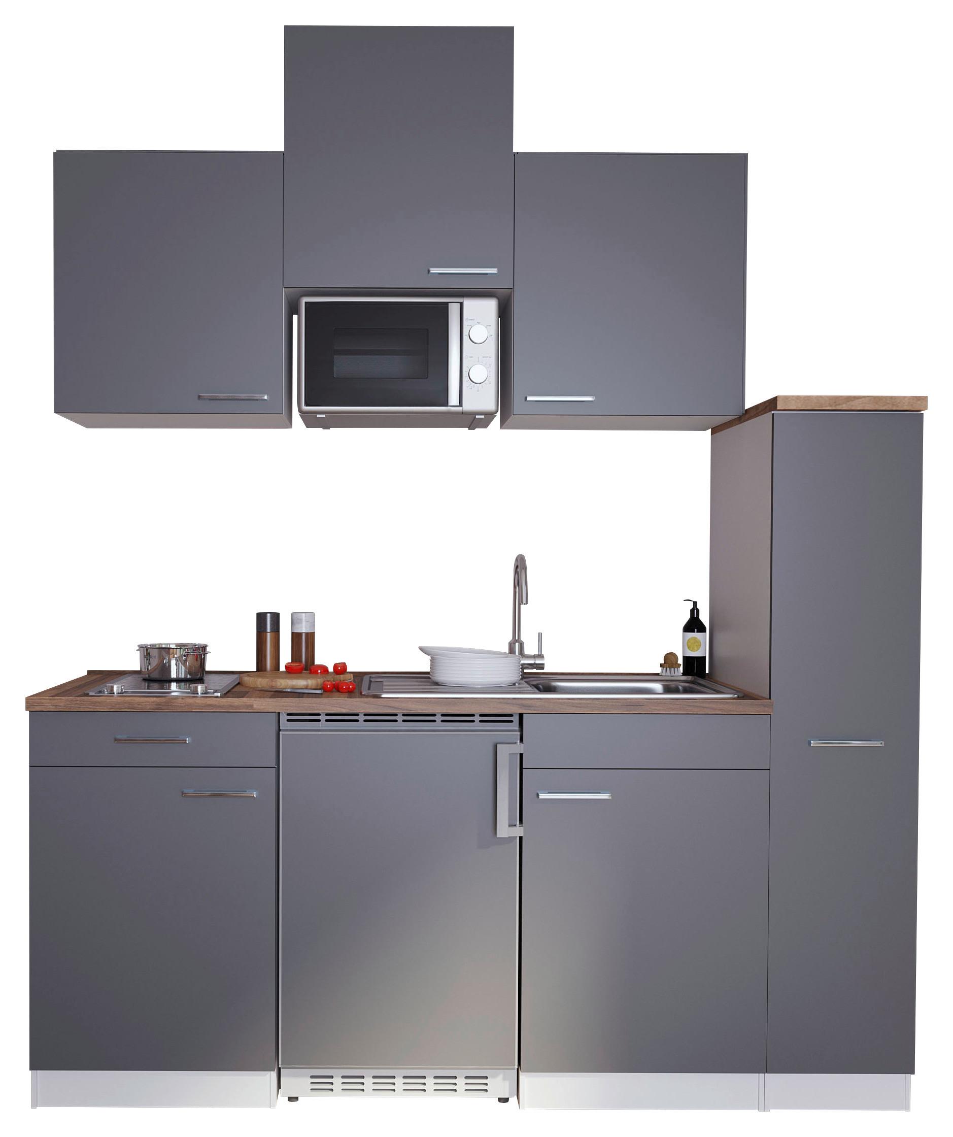Küchenzeile Economy mit Geräten 180 cm Grau/ Nussbaum Dekor - Nussbaumfarben/Weiß, Basics, Holzwerkstoff (180/200/60cm) - Respekta