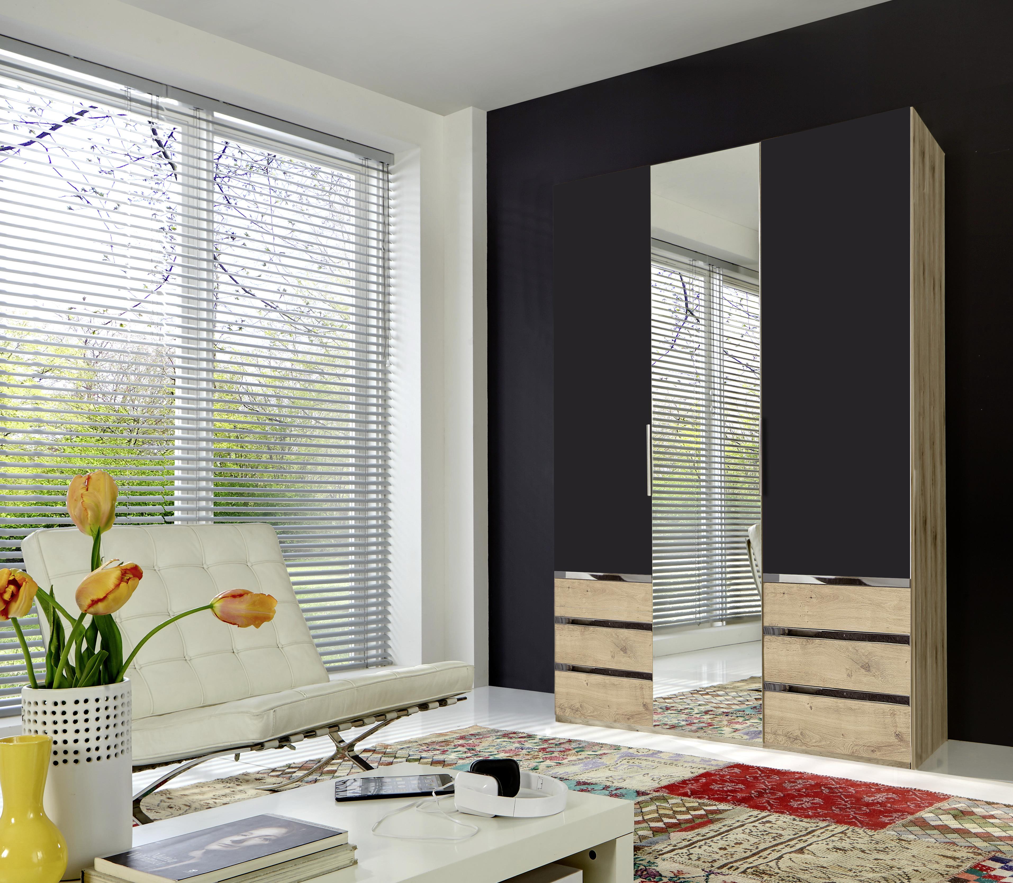 Drehtürenschrank Mit Spiegel + Laden 150cm Level 36a, Graphit - Eichefarben/Graphitfarben, MODERN, Glas/Holzwerkstoff (150/216/58cm) - MID.YOU