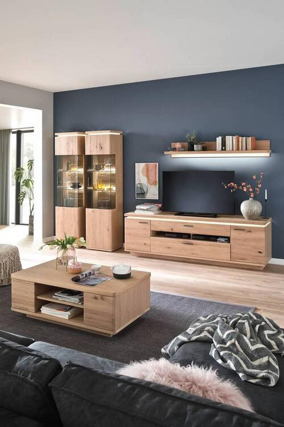 Wohnkombination teilmassiv 4--Teilig. Barcelona Eichefarben - Eichefarben, Design, Glas/Holz (340/204/50cm) - Livetastic