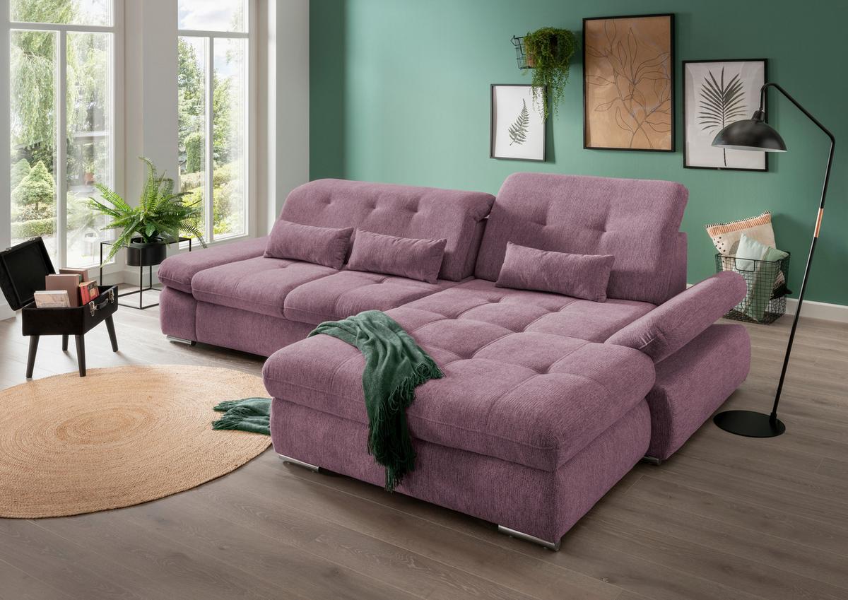 Ecksofa Mit Schlaffunktion Dalida Brombeere Chenille - Chromfarben/Brombeere, Design, Textil (300/196cm) - Livetastic