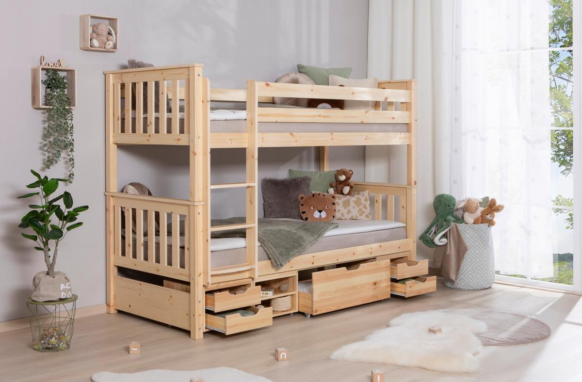 Etagenbett Sammy Kiefer Massiv 90 cm mit Bettkasten + Leiter - Naturfarben, MODERN, Holz (90/200cm) - MID.YOU