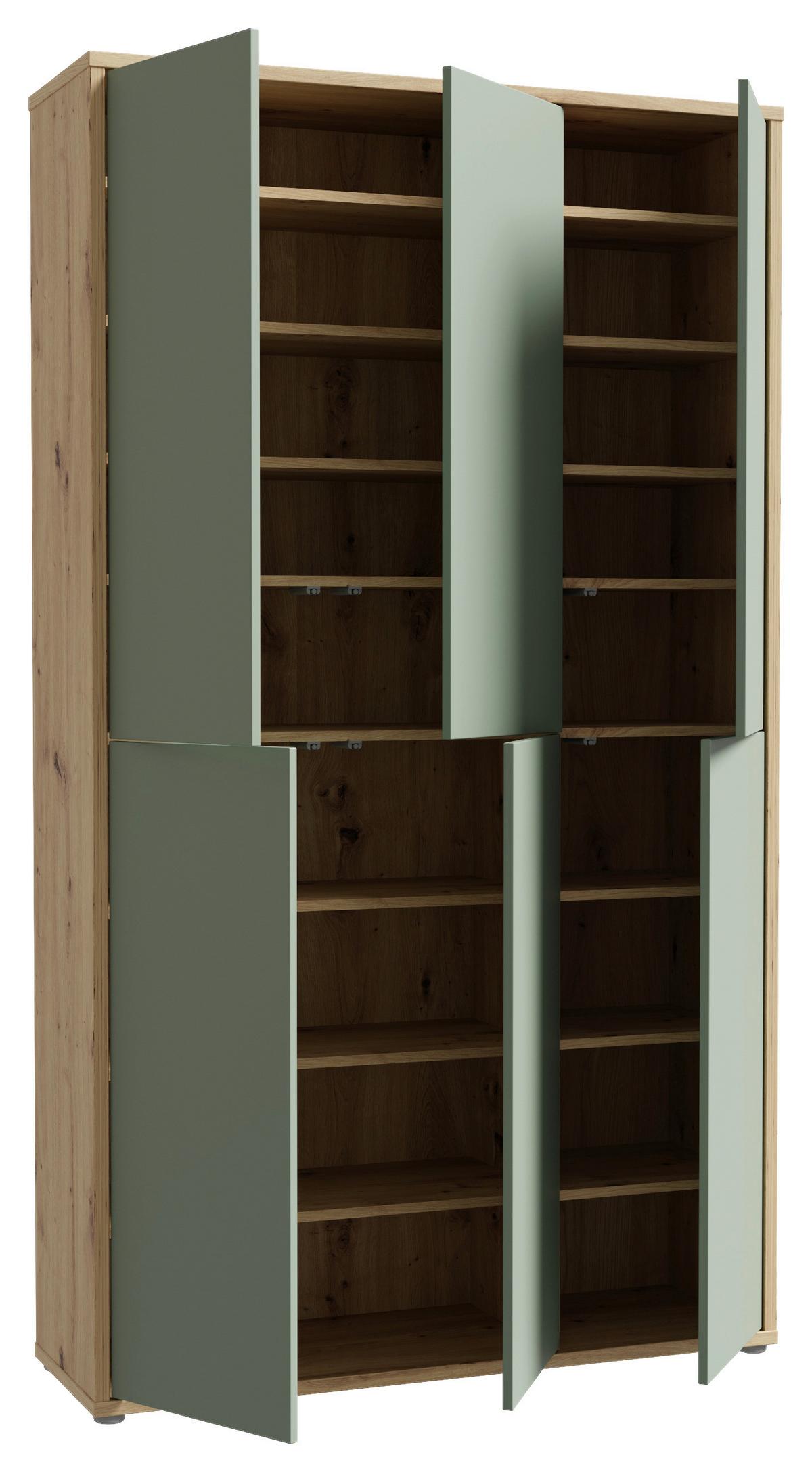 Skříň na boty, pastelově zelená/dub artisan - šedá/šalvějově zelená, Moderní, kompozitní dřevo/plast (109,2/191,9/34,9cm)