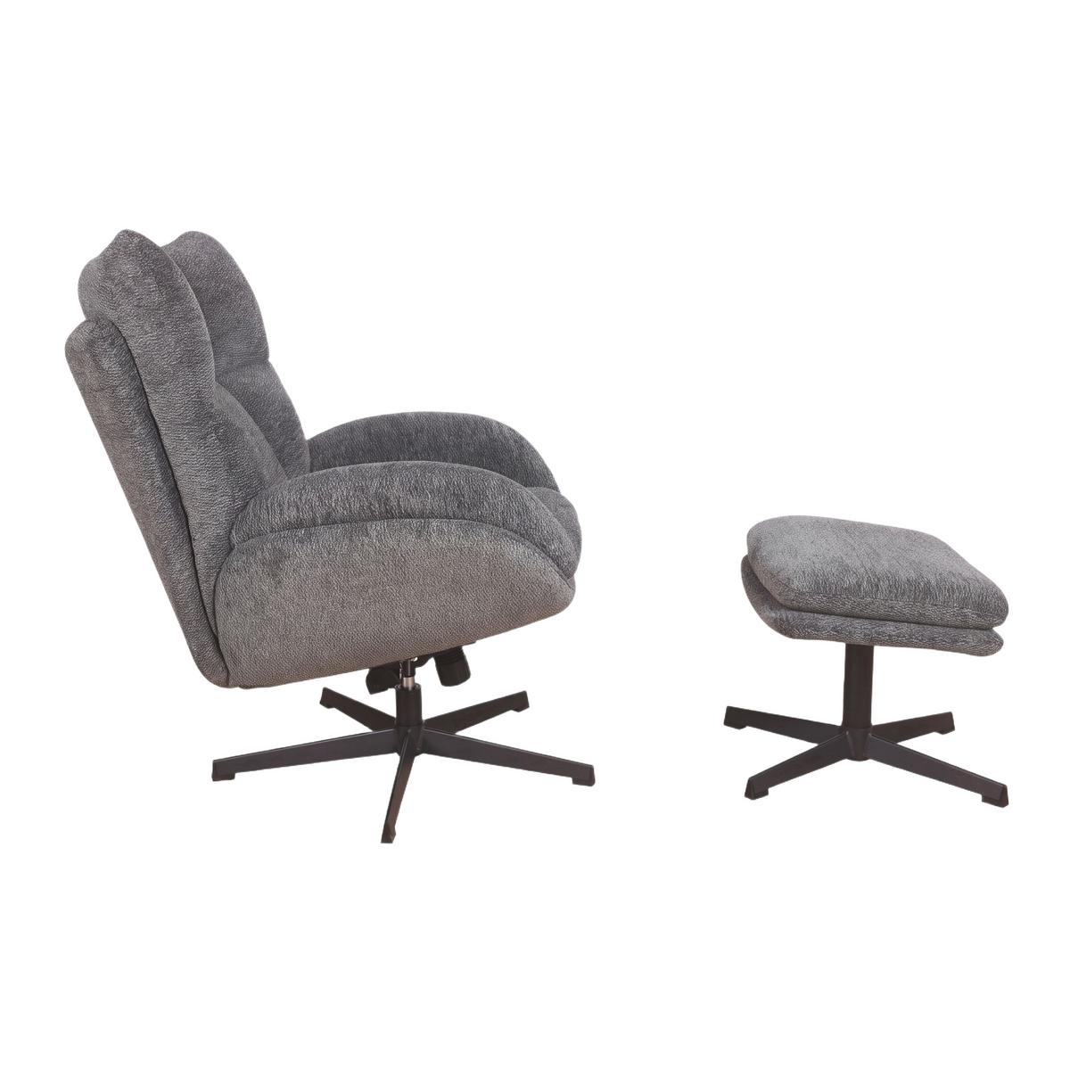 Relaxační křeslo HOUSTON, tm.šedá žinylka, s taburetem - černá/tmavě šedá, Moderní, kov/textil (76/101/87cm)