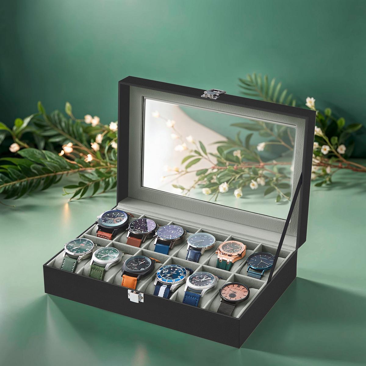 Uhrenbox Schwarz B: 30,2 cm - Schwarz, Basics, Glas/Holzwerkstoff (30,2/7,8/20,2cm)