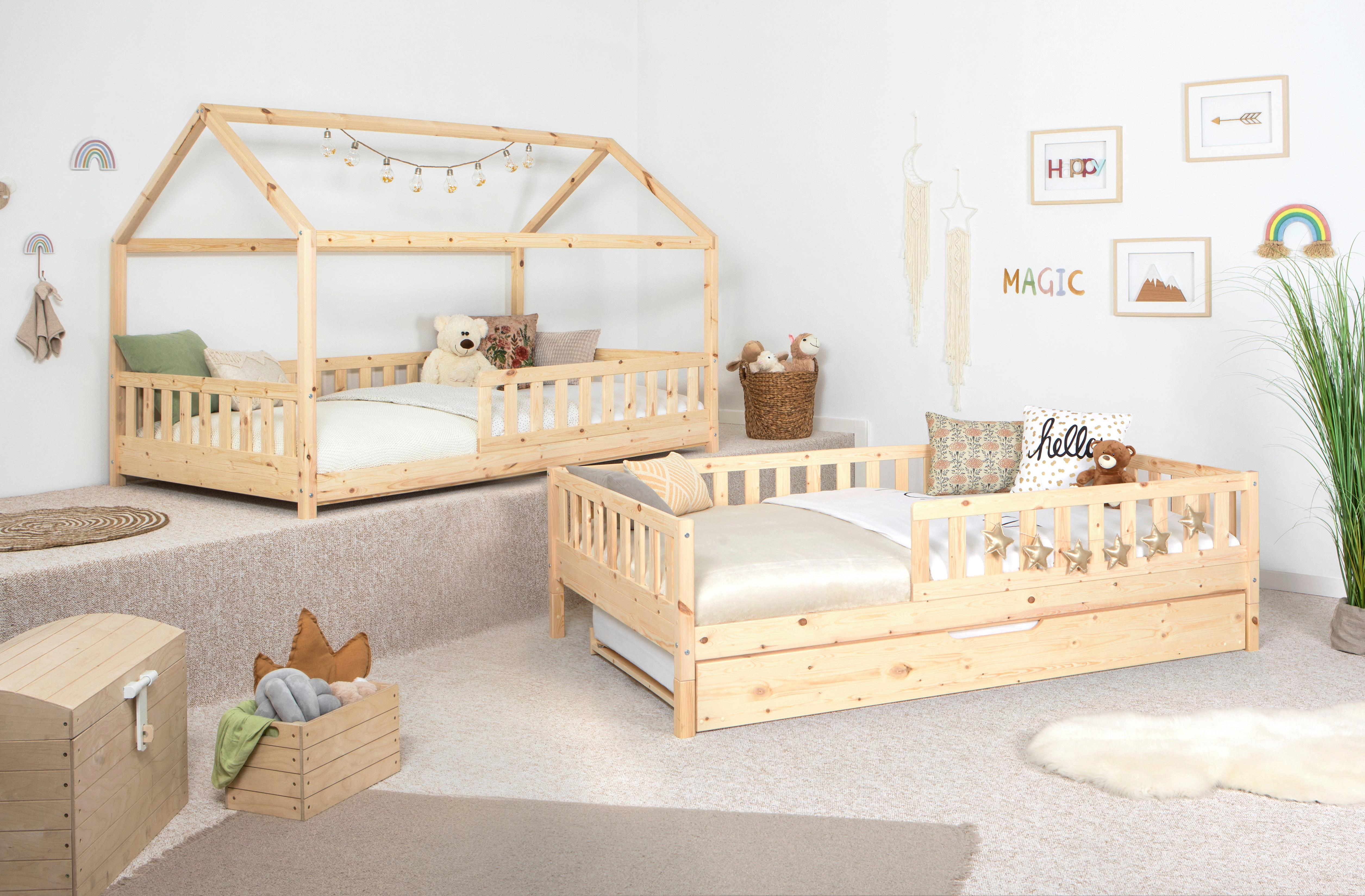 Bodenbett 140/200 cm Naturfarben und Zusatzbett - Naturfarben, MODERN, Holz (140/200cm) - MID.YOU