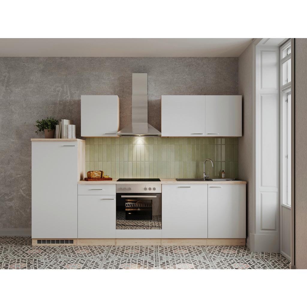 Küchenzeile Economy m. Geräten 280 cm Weiß/Eiche Dekor modern