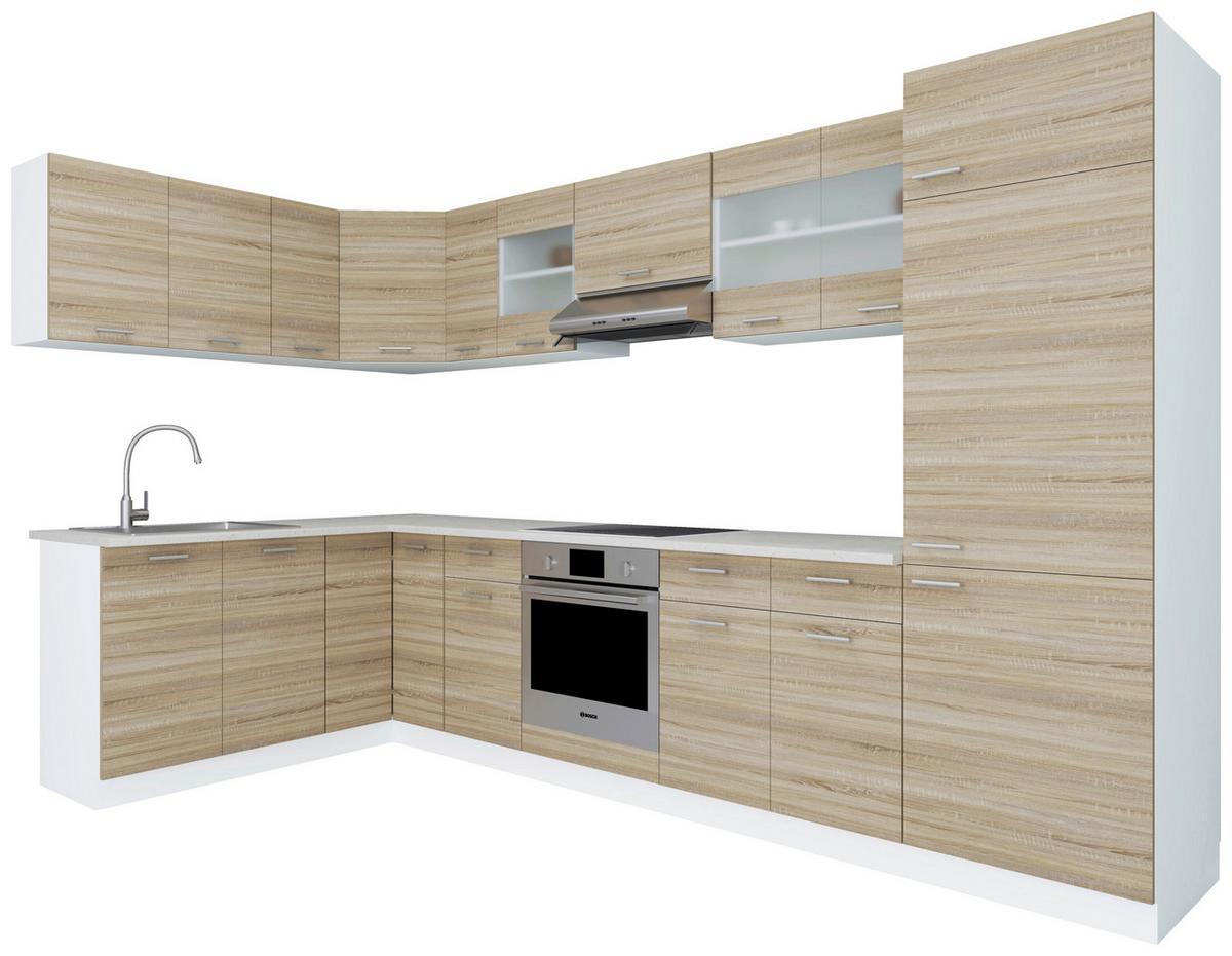 Moderne Eckküche aus Holzdekor ohne Elektrogeräte sowie mit Oberflächen in Weiß und eichefarben