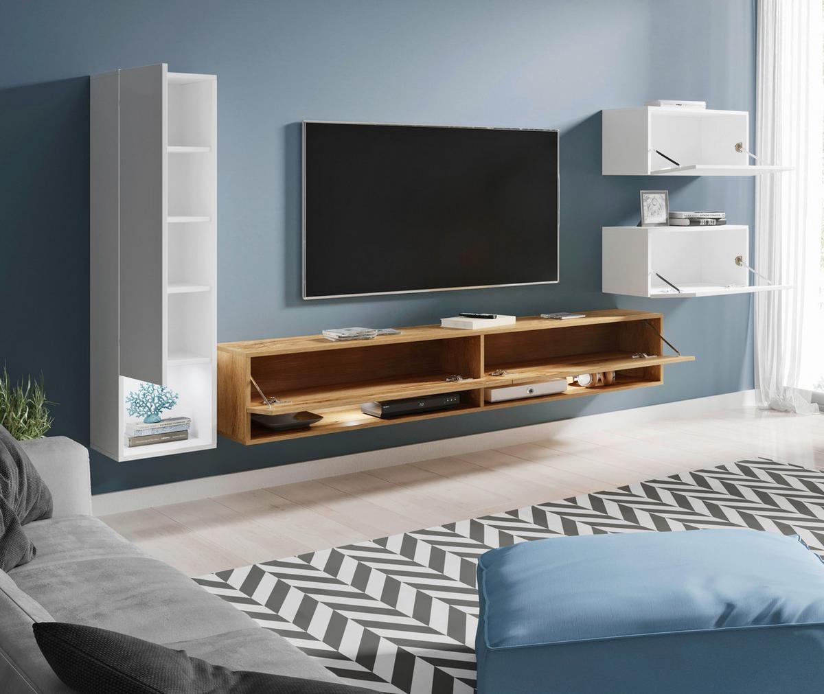 Obývacia stena, 4-dielna sada, s LED osvetlením - biela s vysokým leskom/dub wotan, Lifestyle, kompozitné drevo (270/130/32,5cm) - P & B