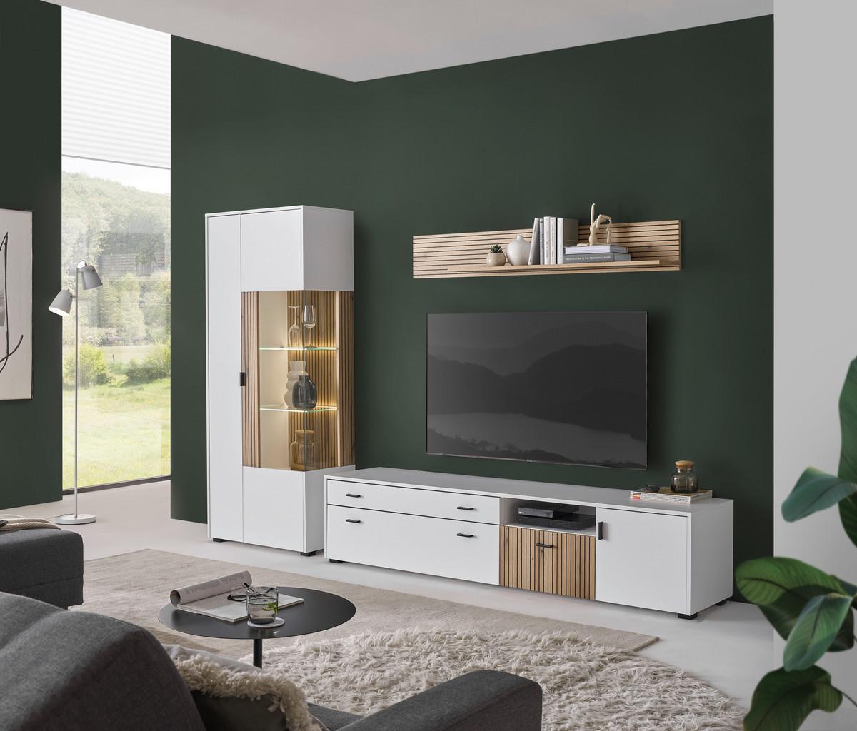 Hudson Wohnwand Weiß/Eichefarben B: 328 cm - Eichefarben/Schwarz, Design, Glas/Holzwerkstoff (328/180/42cm) - MID.YOU