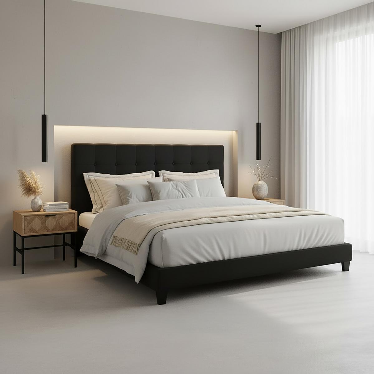 Čalouněná manželská postel FREDERICO, 180x200, černá - černá, Moderní, kov/dřevo (180/200cm) - Bessagi Home