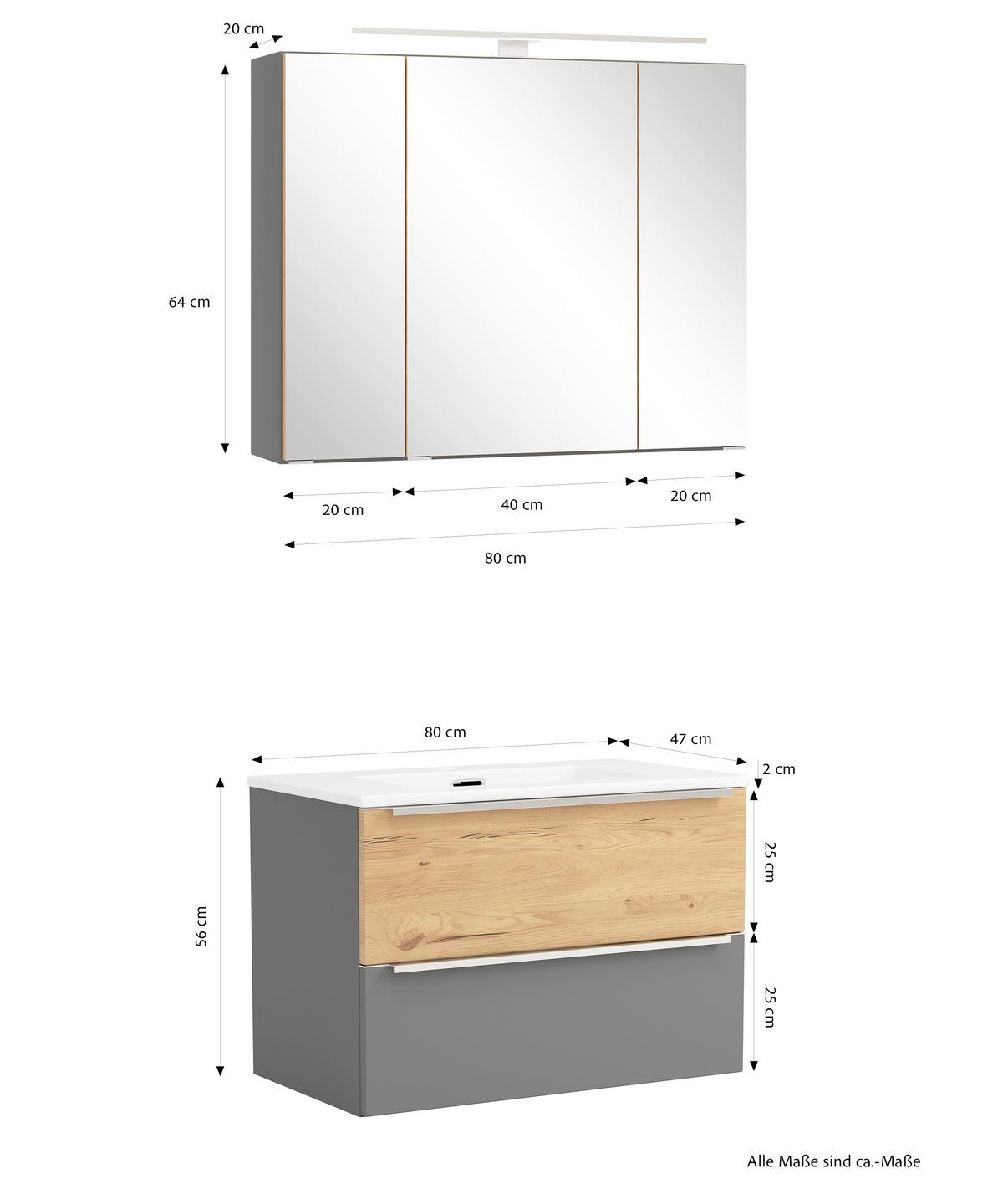 Badezimmer Verona Grau/Wildeiche 2-teilig - Wildeiche/Weiß, Trend, Glas/Holzwerkstoff (80/200/47cm) - Held