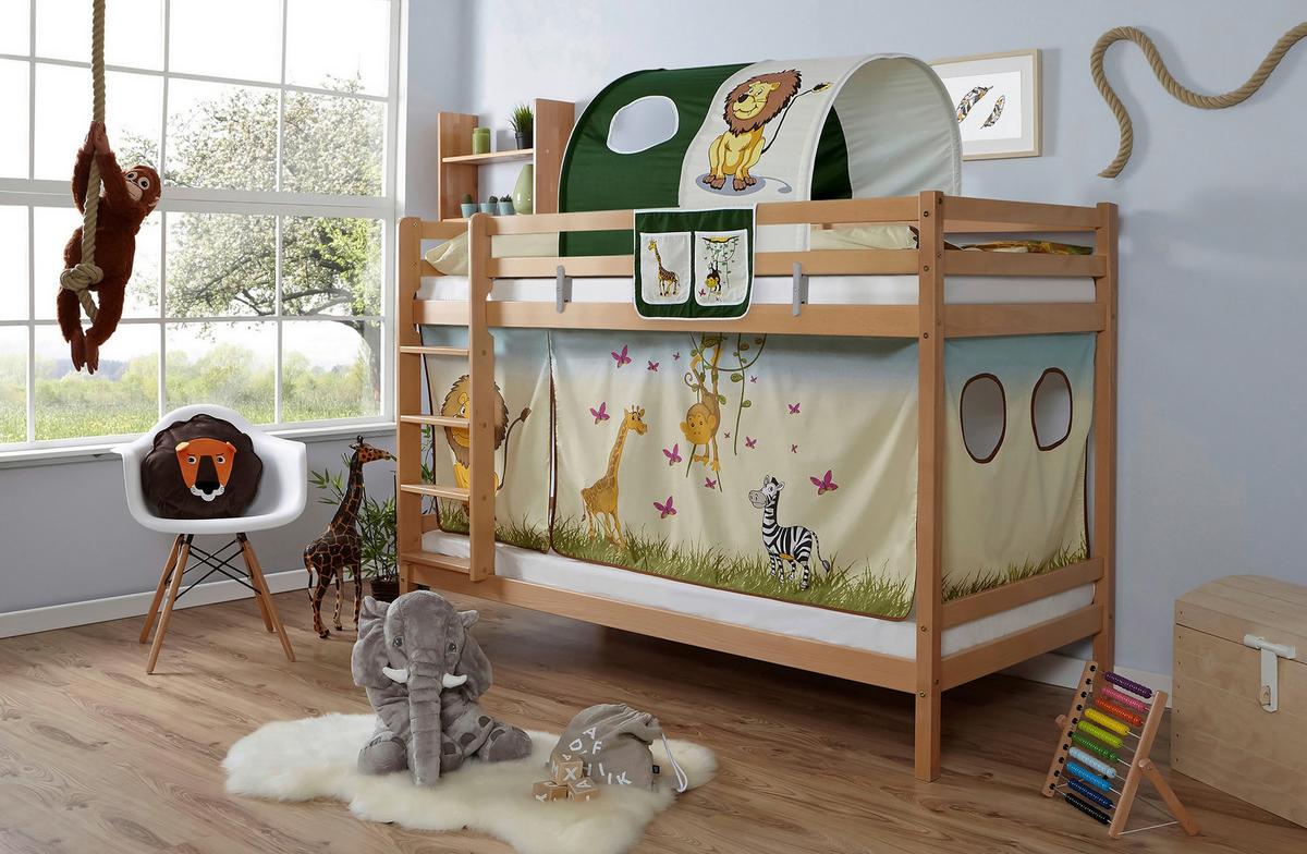 Etagenbett Rene Buche Massiv mit Leiter + Spielzubehör - Multicolor/Weiß, MODERN, Holz/Textil (90/200cm) - MID.YOU