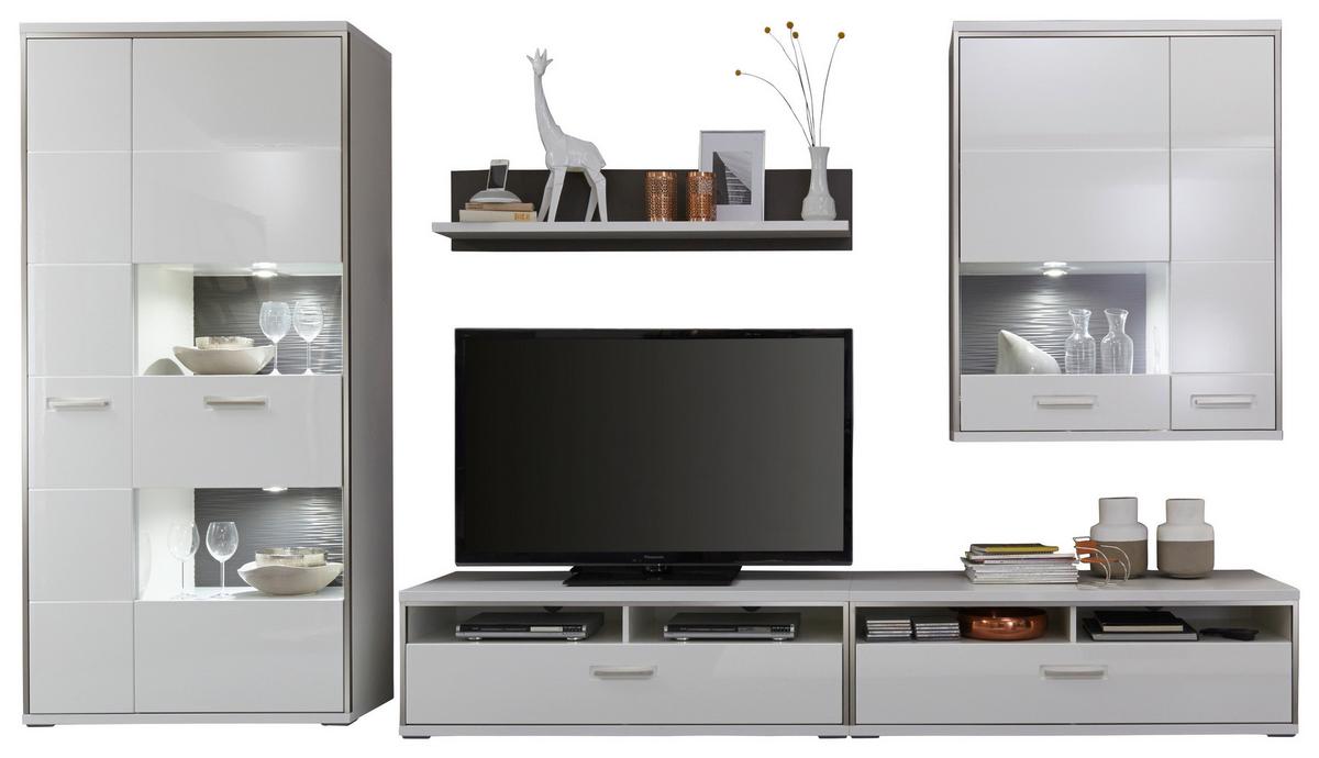 Wohnkombination 5-Tlg. Trento Grau/Silbern/Weiß - Weiß Hochglanz/Silberfarben, Design, Glas/Holzwerkstoff (351/201/52cm) - Livetastic