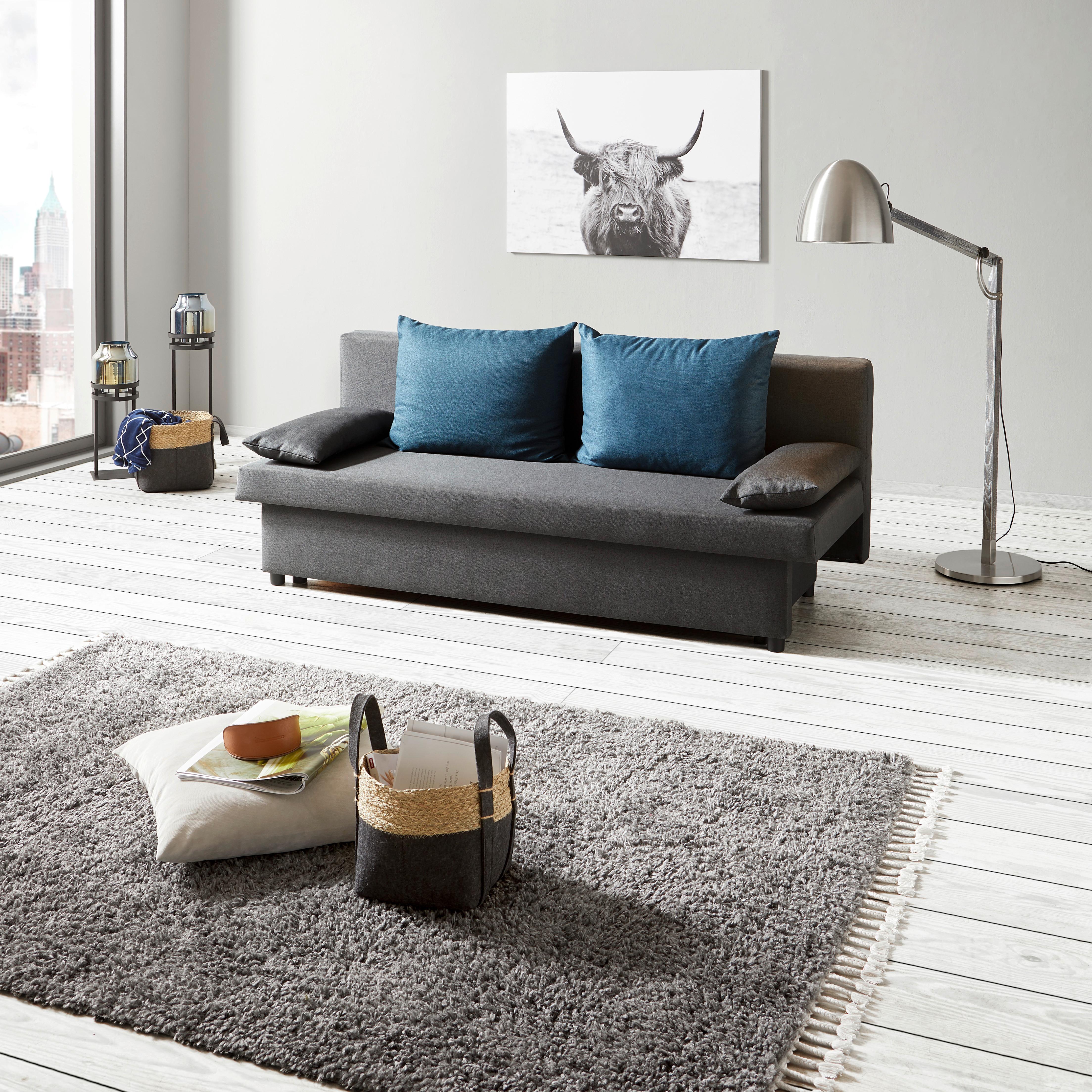 2-sitzer-sofa Mit Schlaffunkt. + Bettkasten Neo + Kissen Grau - Blau/Dunkelgrau, Basics, Karton/Holz (192/82cm)