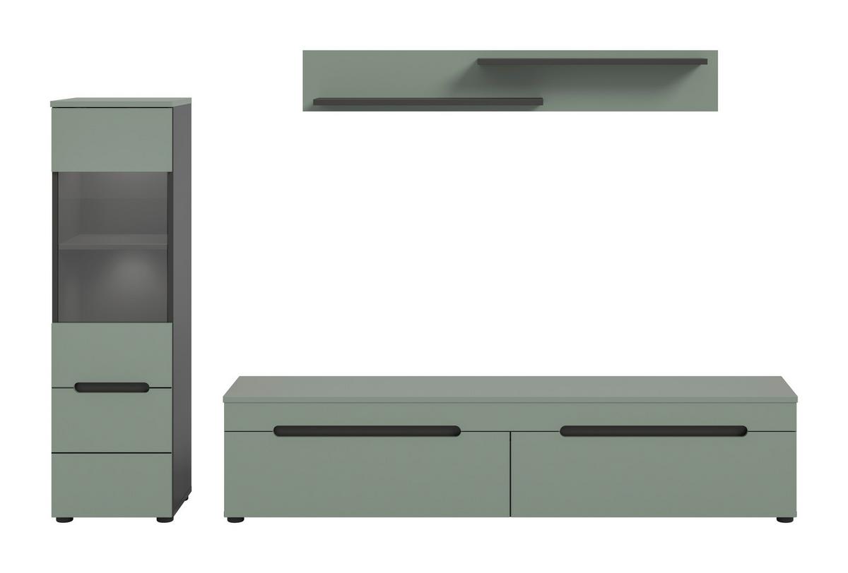 WOHNWAND Canu Graugrün B: 221cm - Schwarz/Graugrün, Design, Holzwerkstoff (221/141/33cm) - Livetastic