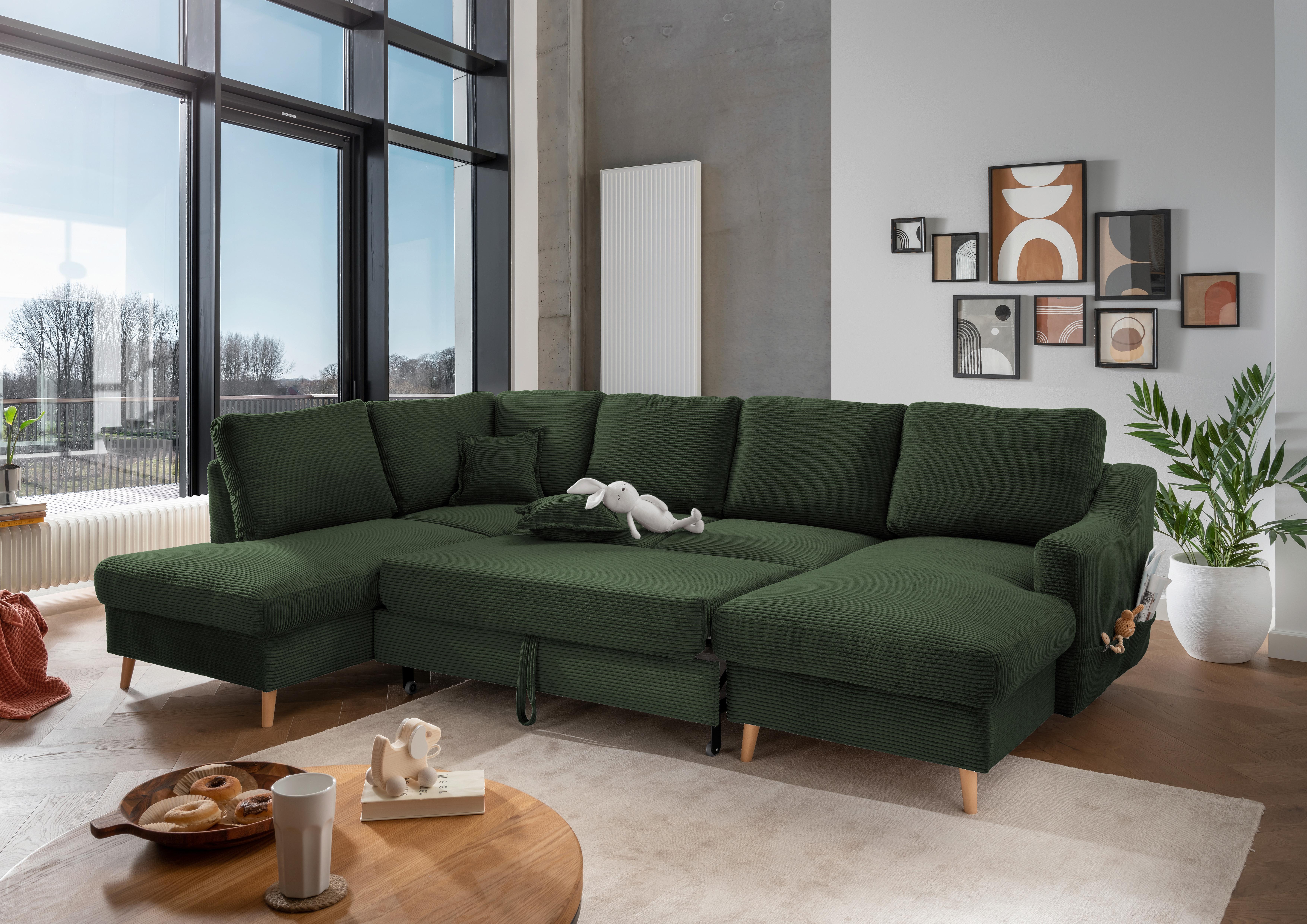 Wohnlandschaft Valentina - Dunkelgrün/Naturfarben, KONVENTIONELL, Textil (200/301/150cm) - P & B