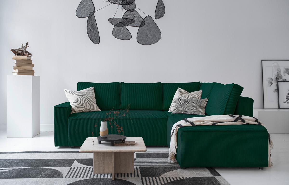 Sedačka Oliver, pravá, tmavě zelená barva - černá/tmavě zelená, Design, textil/plast (247/194cm) - MID.YOU