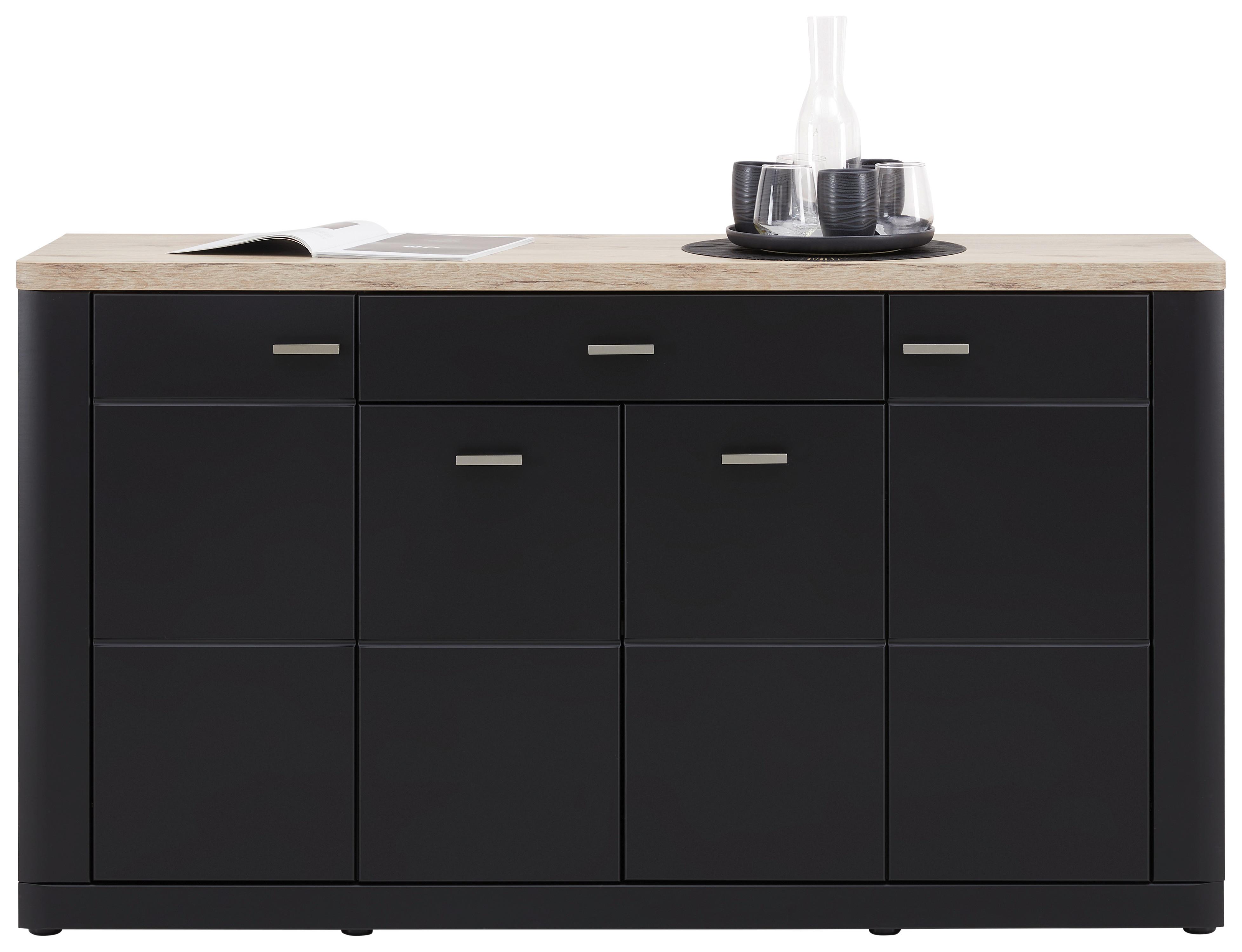 Sideboard B: 156 cm Game Schwarz Matt/Eiche Dekor