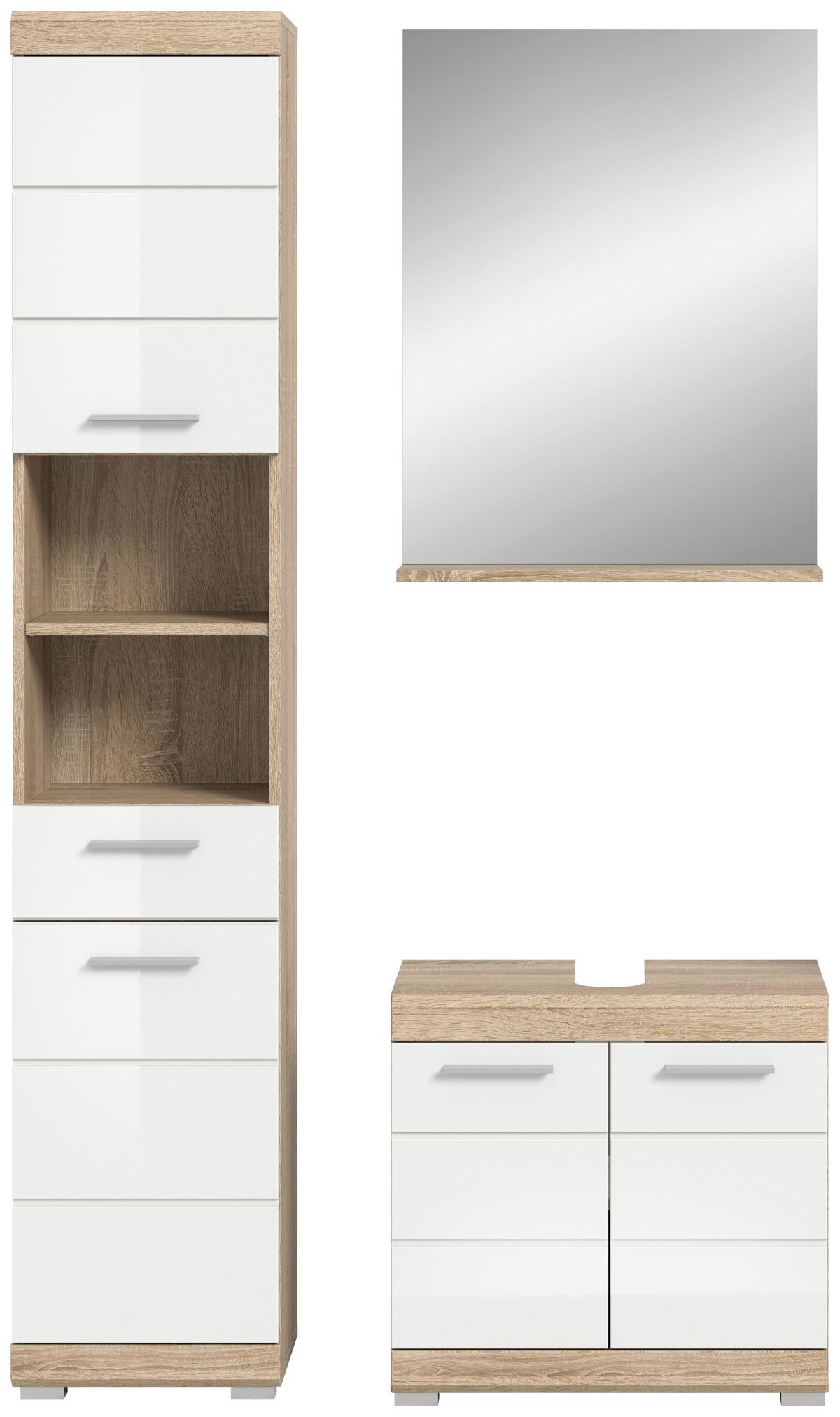 Badezimmer Lambada Eiche Dekor/weiß B: 97 Cm - Weiß Hochglanz/Silberfarben, MODERN, Glas/Holzwerkstoff (97cm) - MID.YOU
