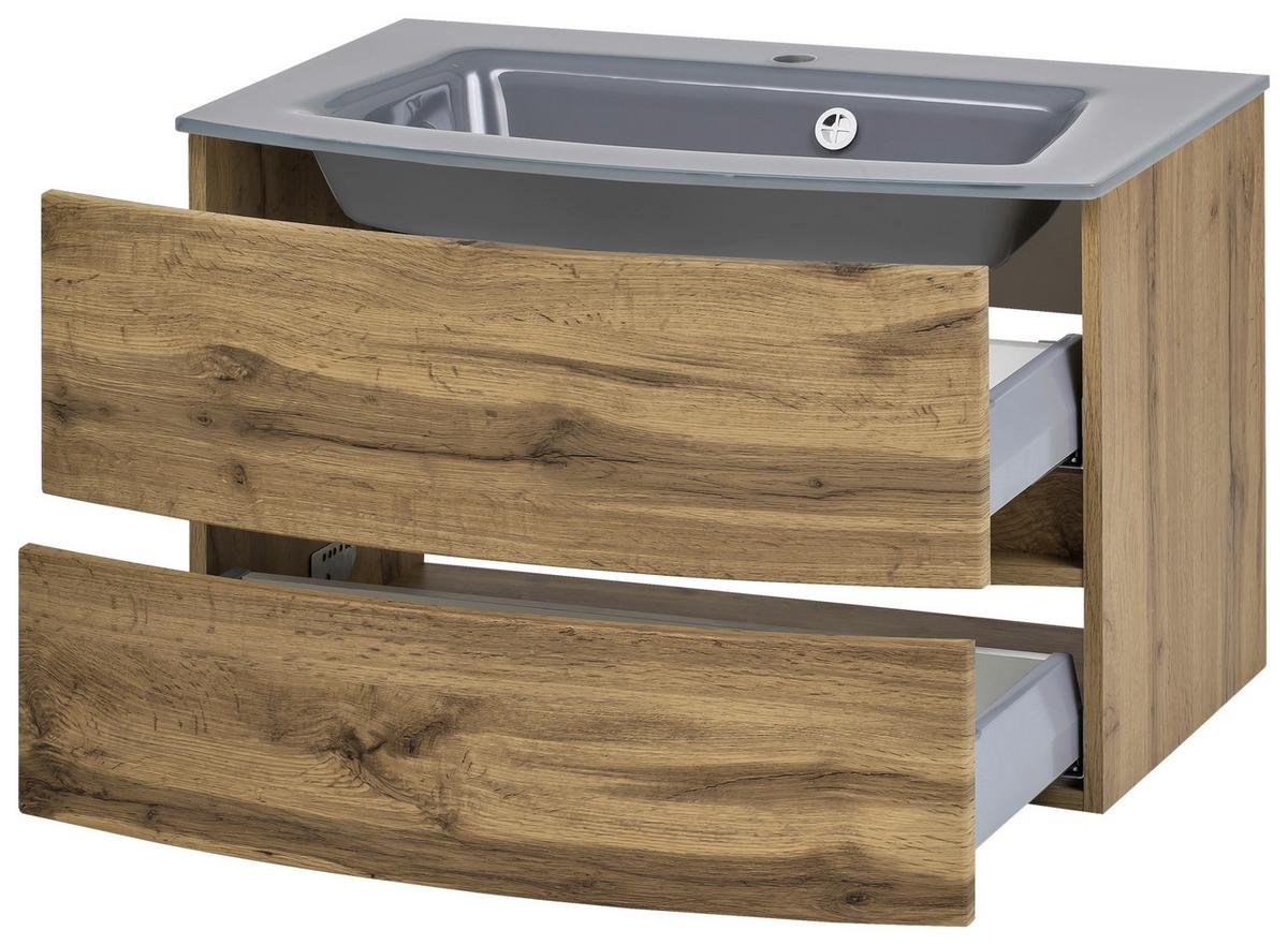 Waschbecken mit Unterschrank Kopenhagen B: 80cm Eiche Dekor - Eichefarben/Grau, KONVENTIONELL, Glas/Holzwerkstoff (80cm) - Held
