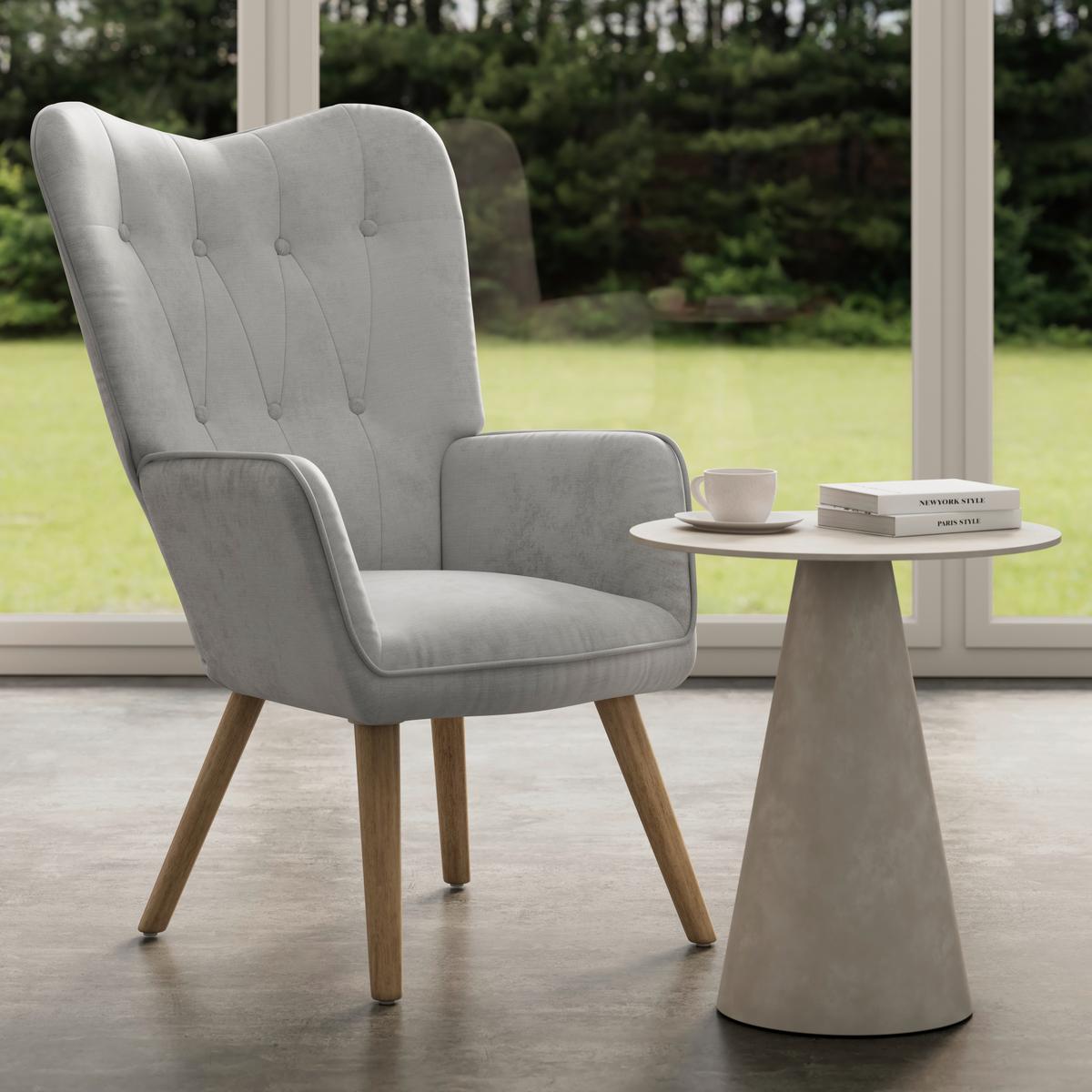 Relaxační křeslo NATALIE, světle šedá - světle šedá/přírodní barvy, Moderní, kov/dřevo (64/99/69cm) - Bessagi Home