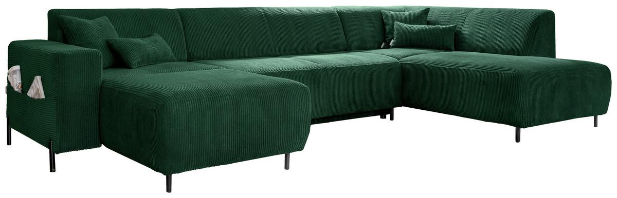 Wohnlandschaft Cuddly Mia mit Bettkasten Flaschengrün - Dunkelgrün/Schwarz, Textil (165/330/192cm) - MID.YOU