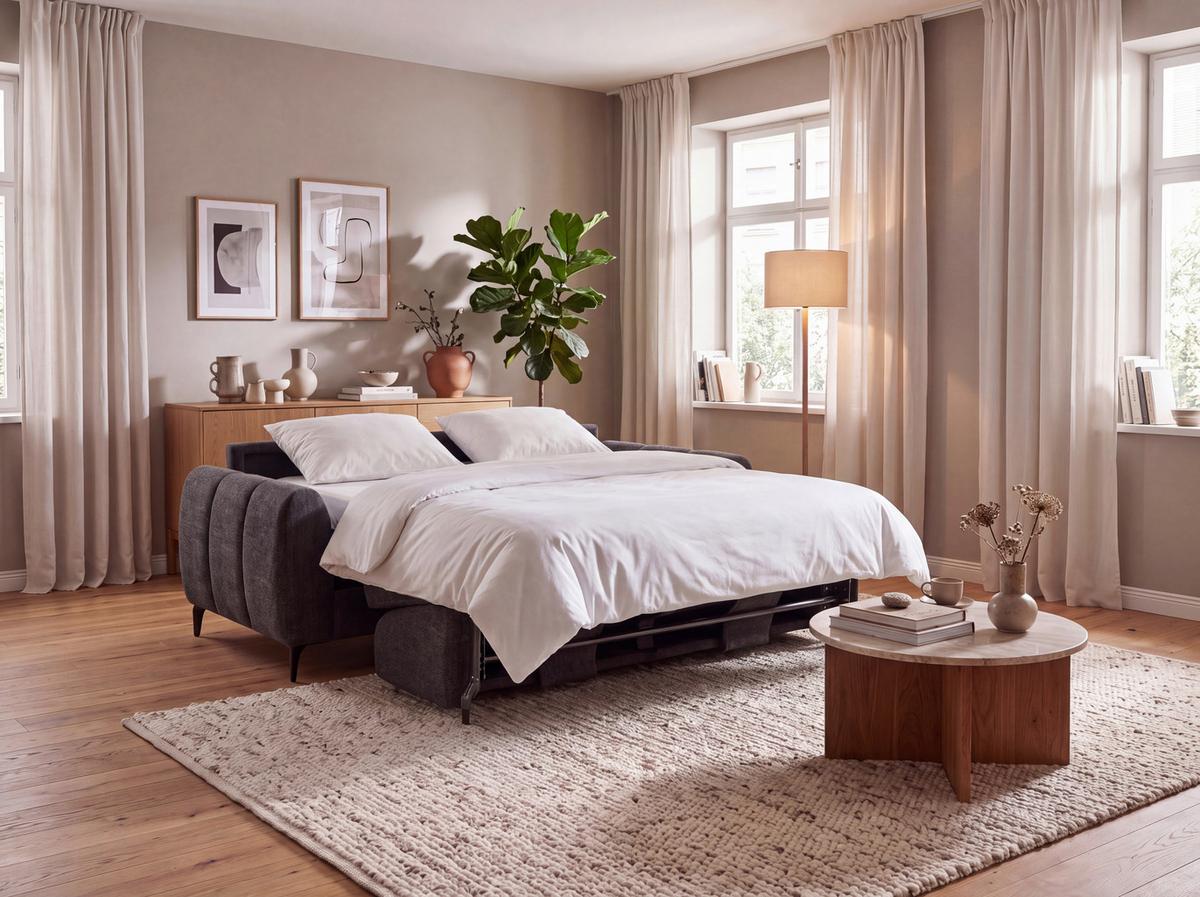 Schlafsofa inkl. Bettfunktion Webstoff anthrazit, B:206 cm - Anthrazit/Schwarz, MODERN, Holz/Textil (206/89/100cm)