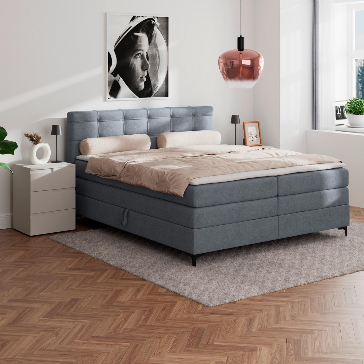 Boxspringbett MITTO Blaugrau 160x200 cm - Blaugrau/Schwarz, KONVENTIONELL, Textil/Metall (160/200cm)
