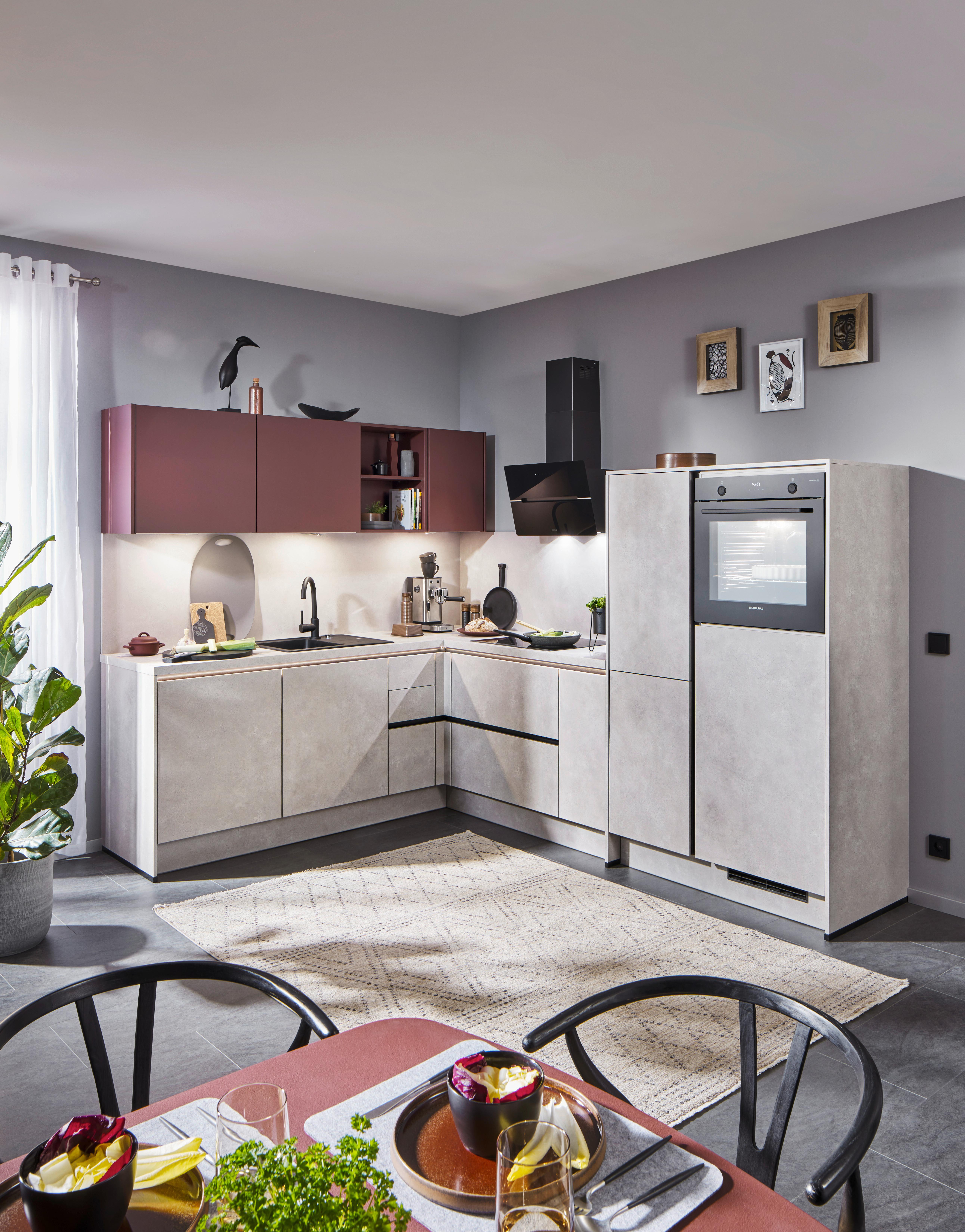 Eckküche Pn100/Pn105 - Hellrot/Hellgrau, Basics, Holzwerkstoff (218/288cm) - Pino