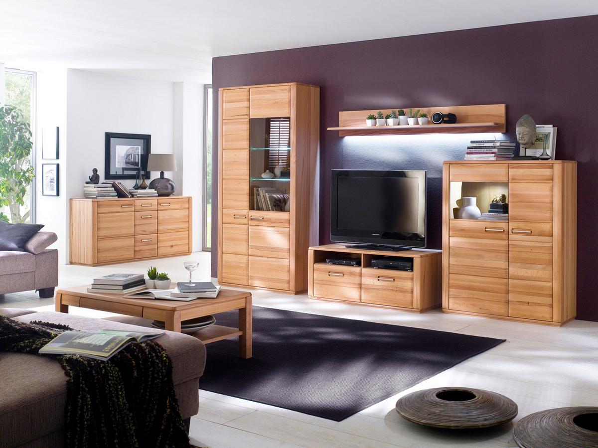 Wohnkombination teilmassiv 4--teilig. Sena Buchefarben - Buchefarben, Design, Glas/Holz (357/209/51cm) - Livetastic