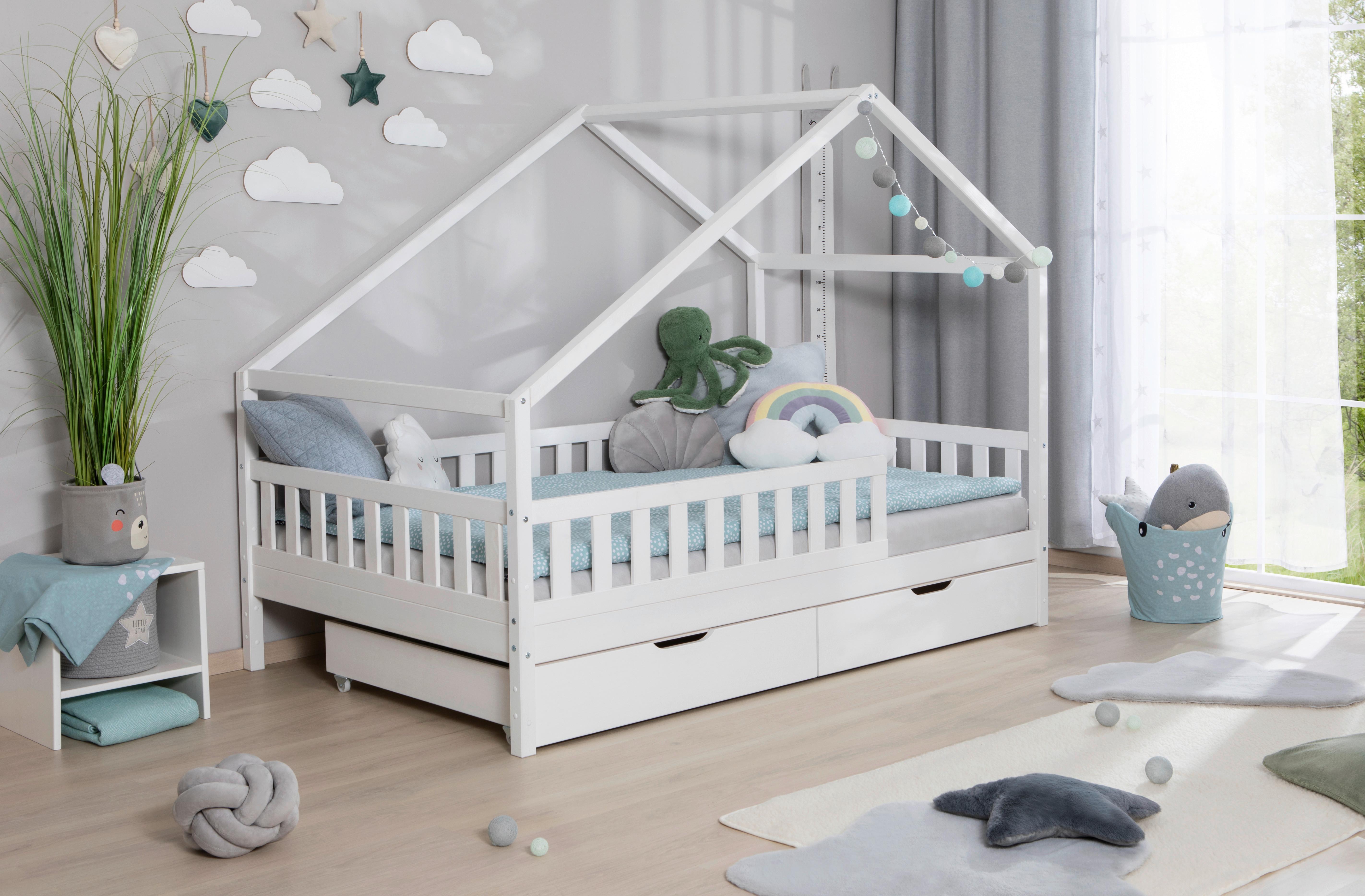 Hausbett Lou Bettschublade Weiß B: 120 Cm - Weiß/Naturfarben, MODERN, Holz/Textil (120/200cm) - MID.YOU